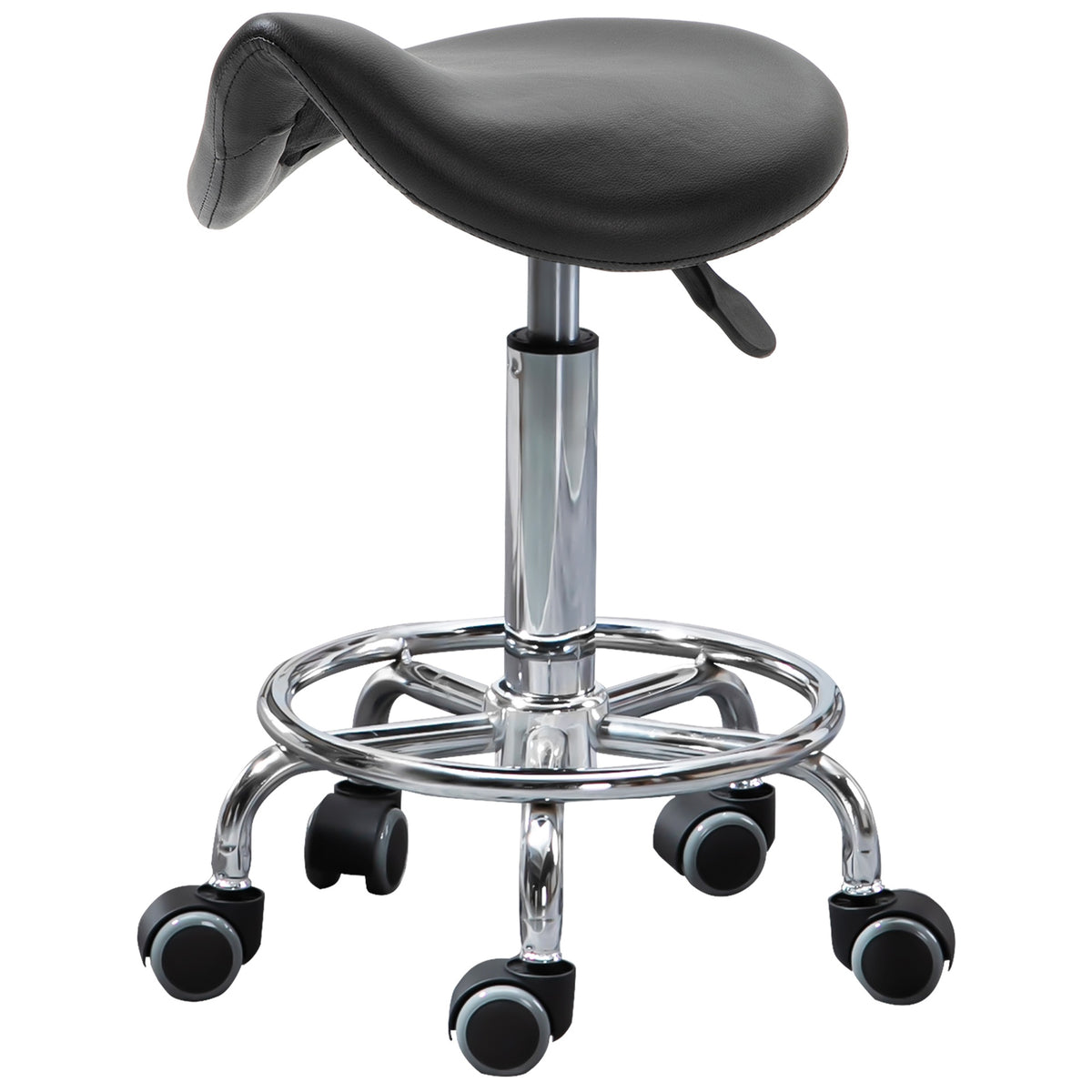 HOMCOM PU Leather Adjustable Stool, Rolling Saddle Stool with Wheels for Massage, Spa, Clinic, Beauty and Tattoo, Black