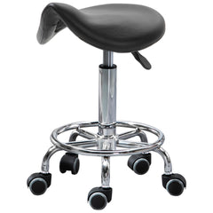 HOMCOM PU Leather Adjustable Stool, Rolling Saddle Stool with Wheels for Massage, Spa, Clinic, Beauty and Tattoo, Black