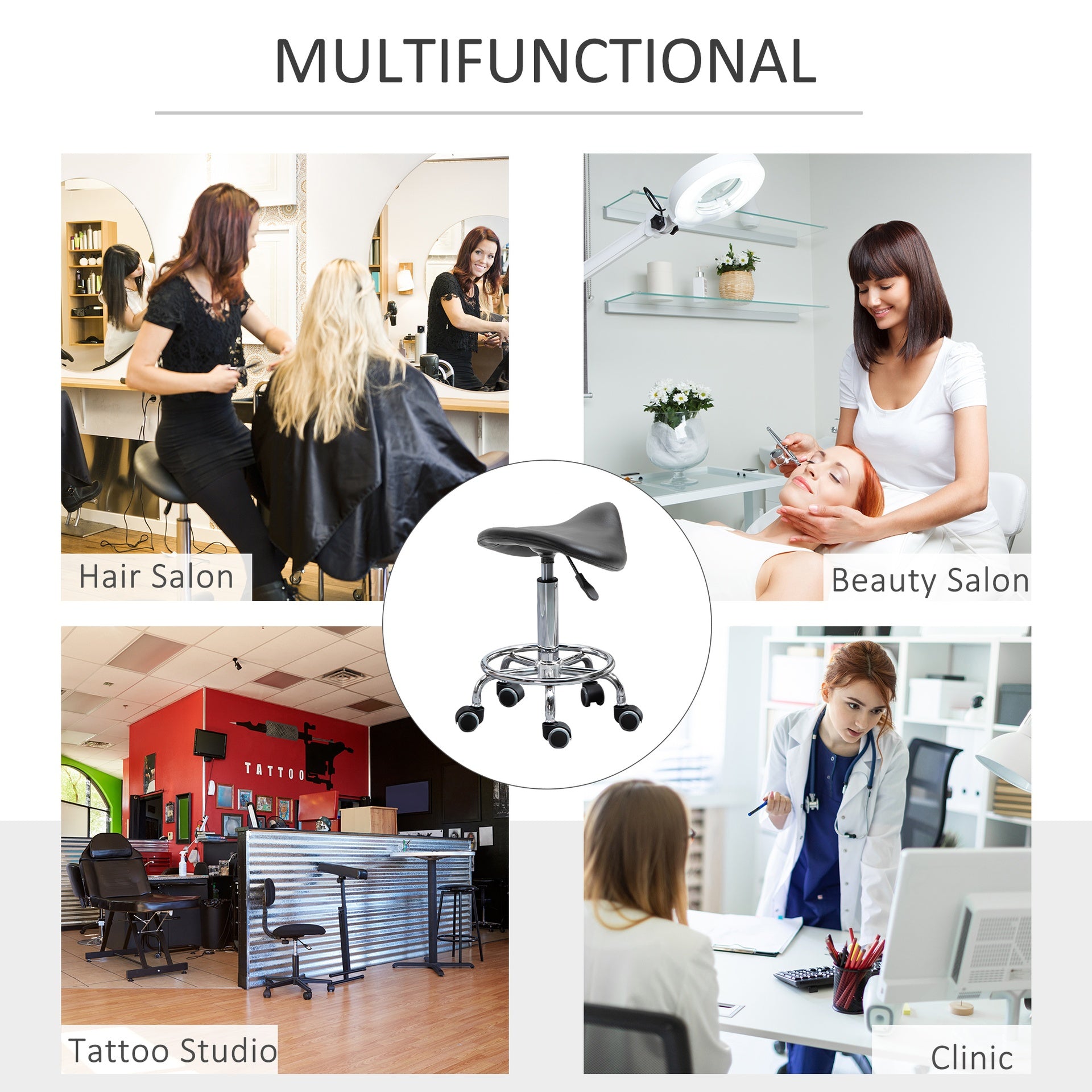 HOMCOM PU Leather Adjustable Stool, Rolling Saddle Stool with Wheels for Massage, Spa, Clinic, Beauty and Tattoo, Black