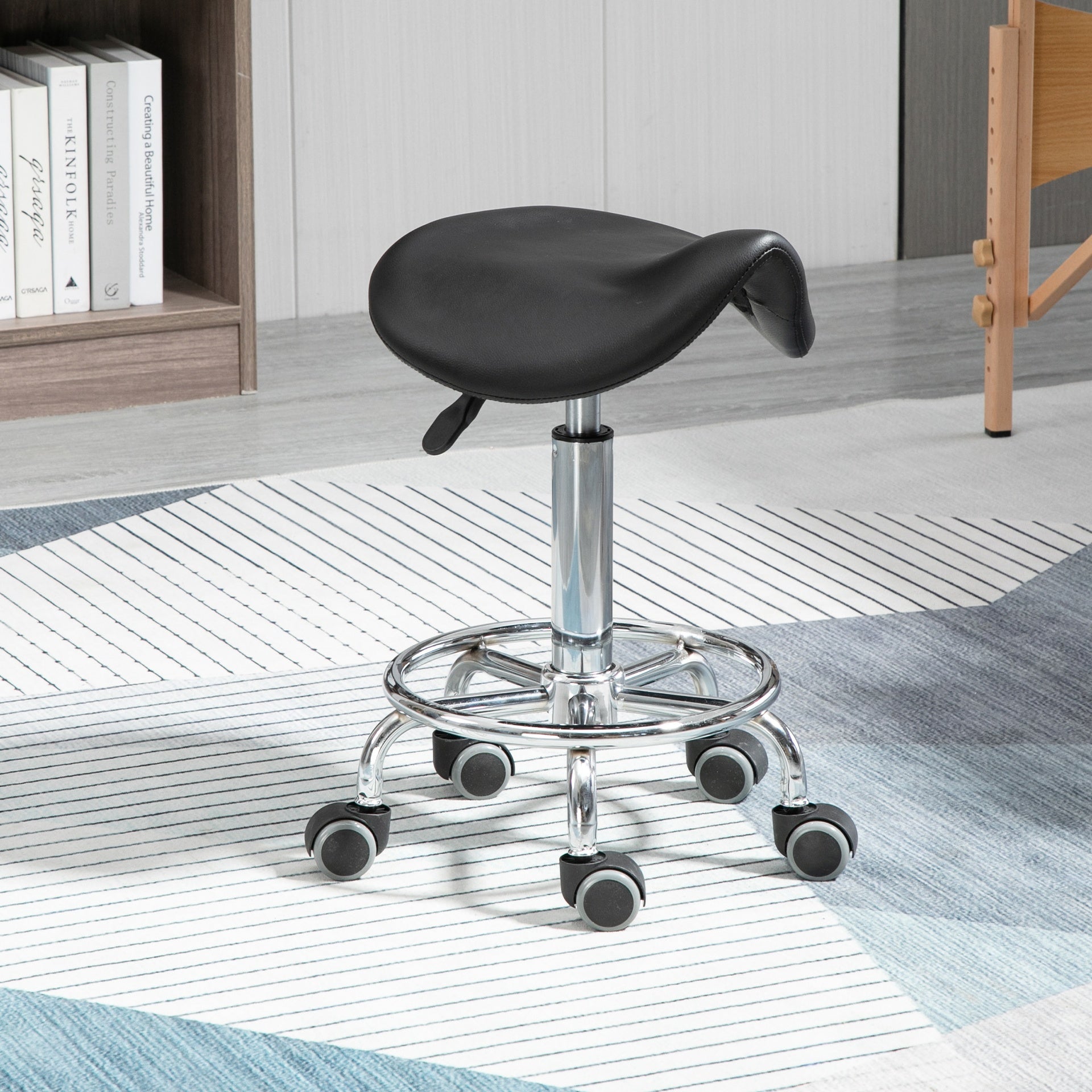 HOMCOM PU Leather Adjustable Stool, Rolling Saddle Stool with Wheels for Massage, Spa, Clinic, Beauty and Tattoo, Black