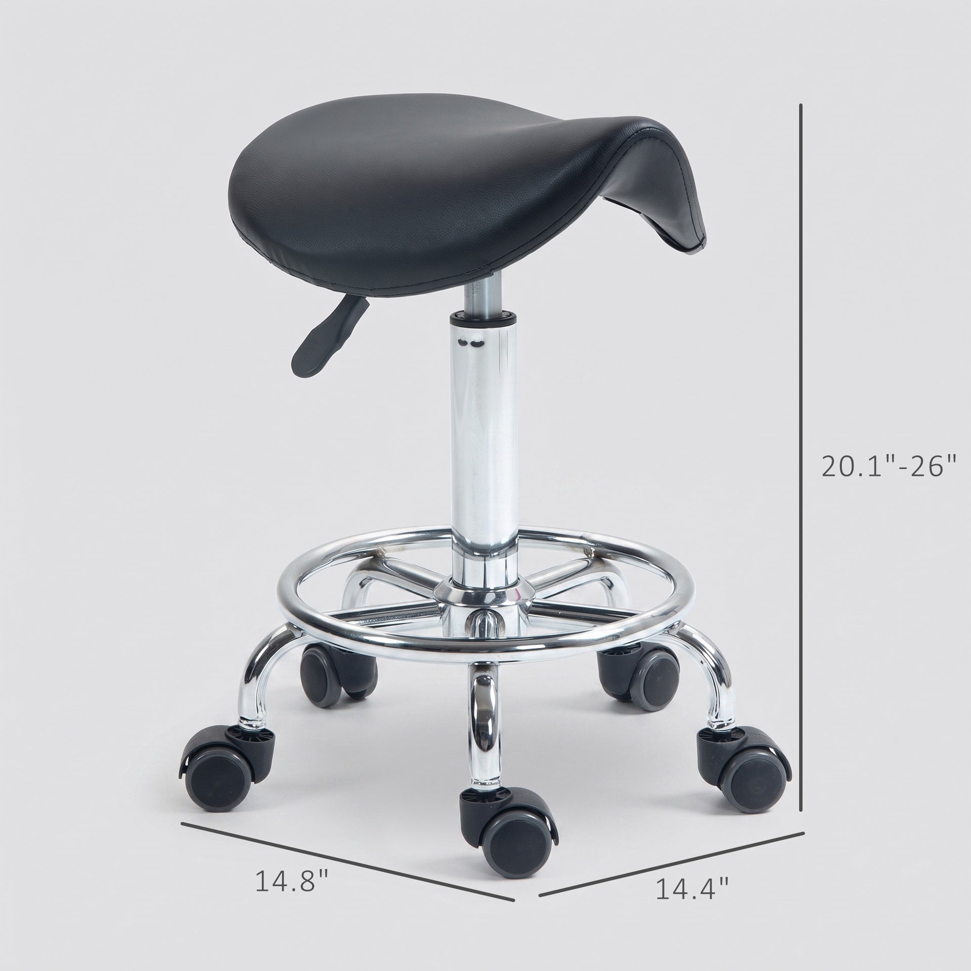 HOMCOM PU Leather Adjustable Stool, Rolling Saddle Stool with Wheels for Massage, Spa, Clinic, Beauty and Tattoo, Black