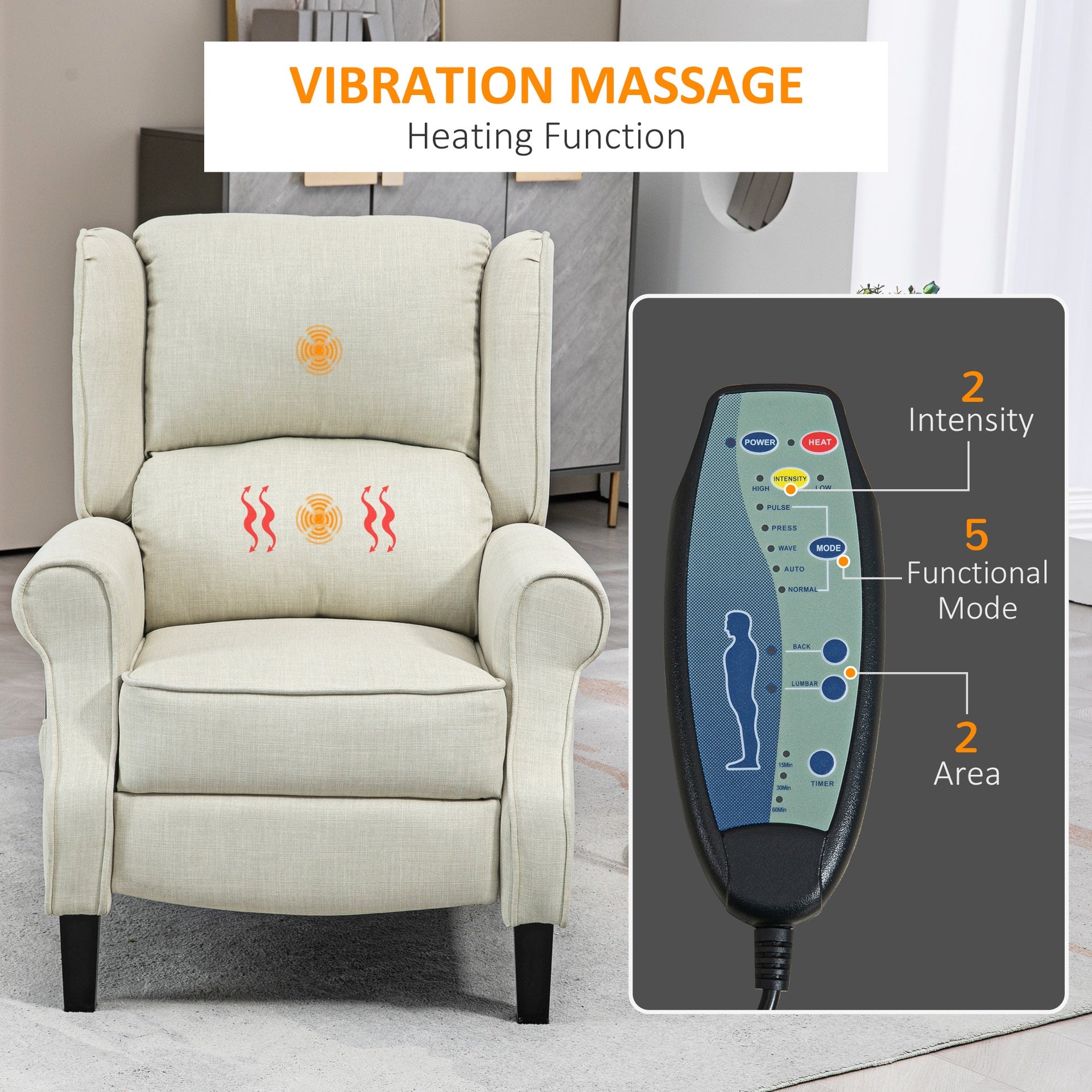 HOMCOM Vibrating Massage Recliner Chair with Heat, Wingback Push Back Reclining Chair for Living Room, Beige
