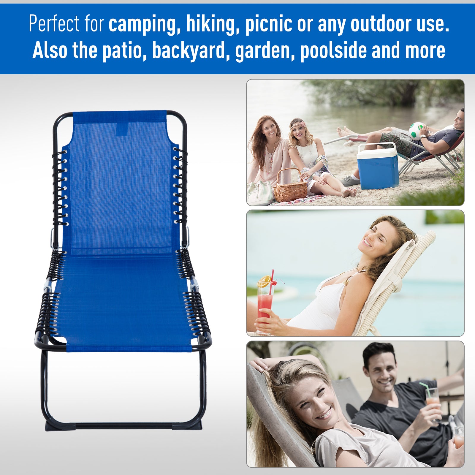 Outsunny Set of 2 Folding Chaise Lounge Chairs, Outdoor Sun Tanning Chairs with Reclining Back, Blue