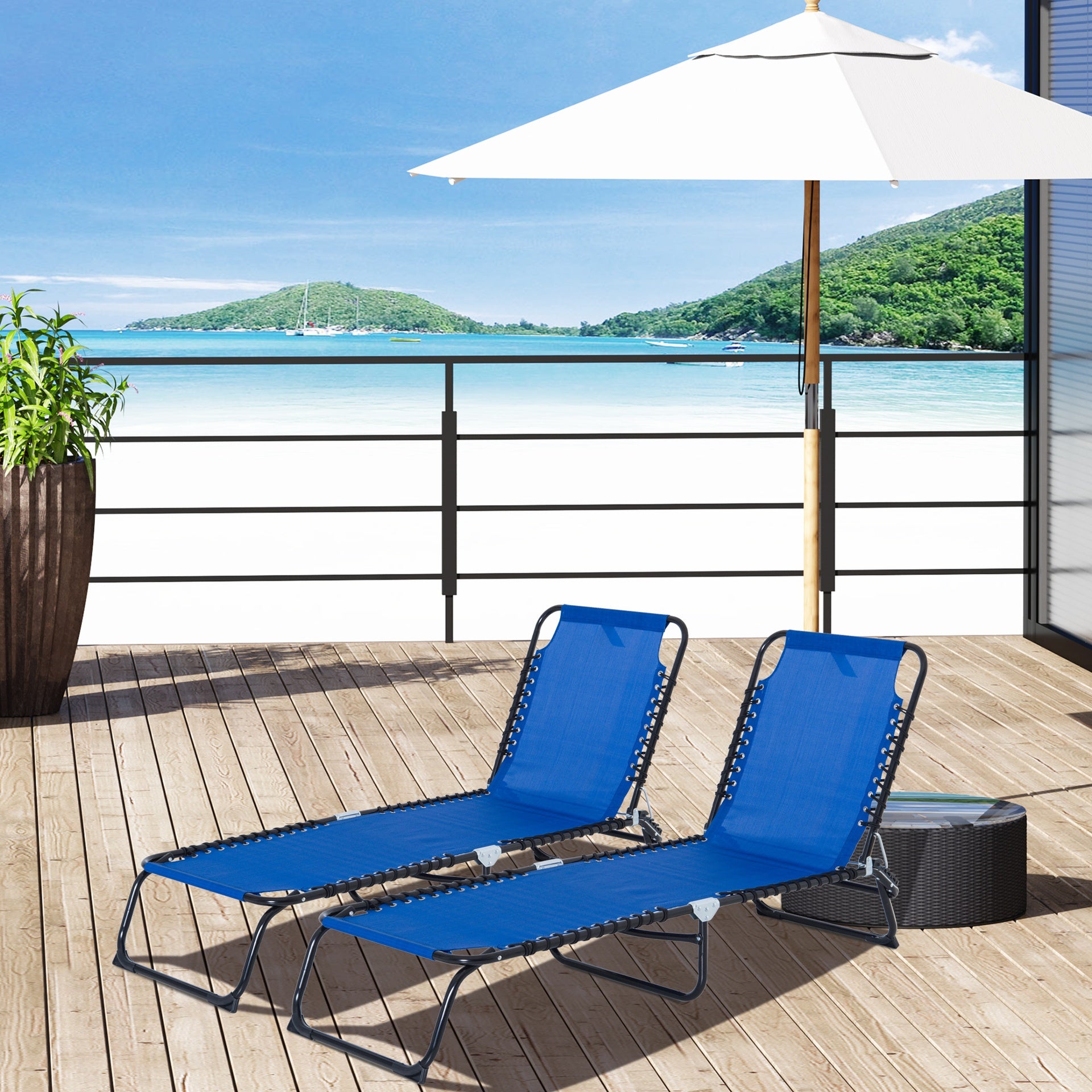 Outsunny Set of 2 Folding Chaise Lounge Chairs, Outdoor Sun Tanning Chairs with Reclining Back, Blue