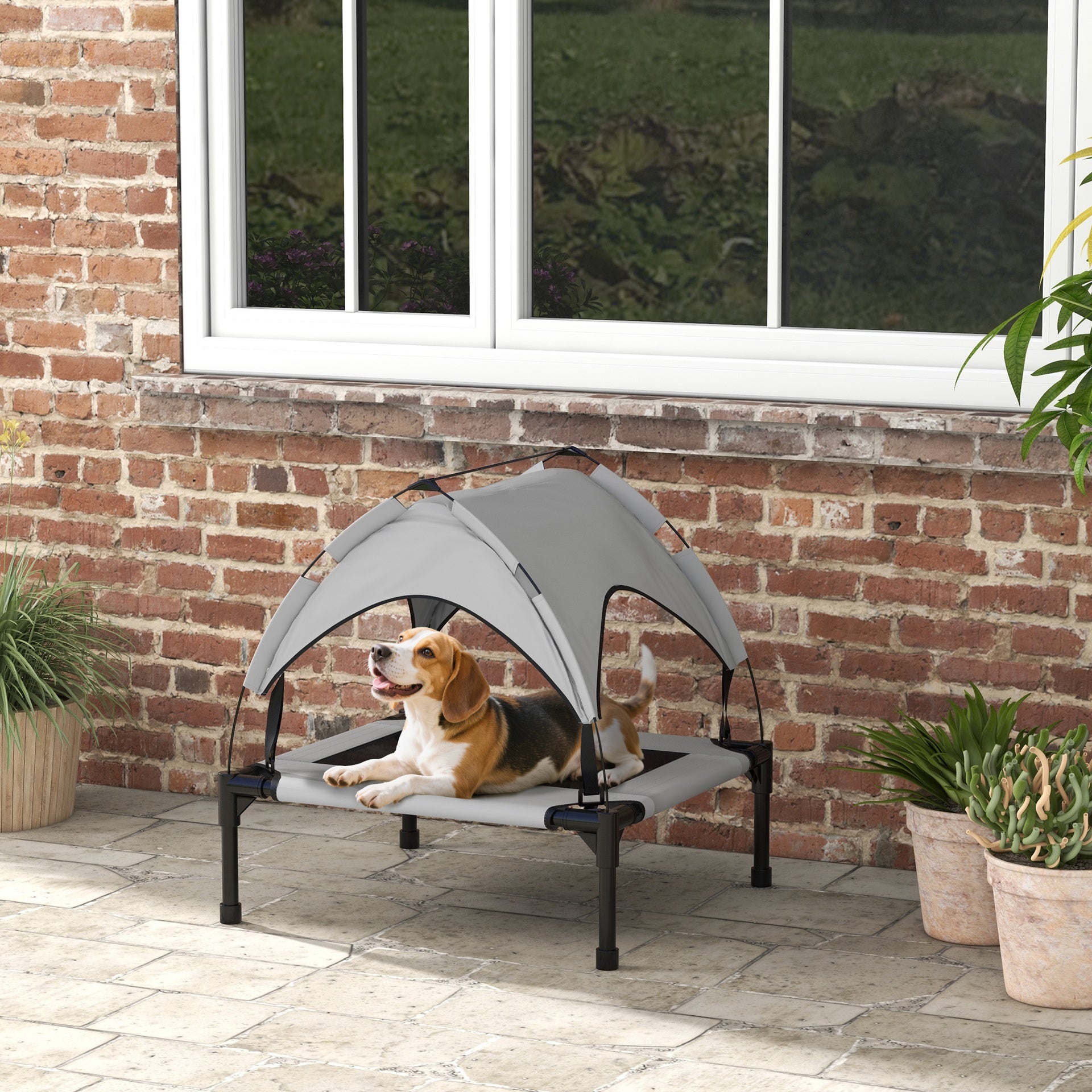 PawHut Elevated Dog Bed with Canopy, Raised Outdoor Pet Bed for Camping with Washable Breathable Mesh, 30" x 24" x 27"
