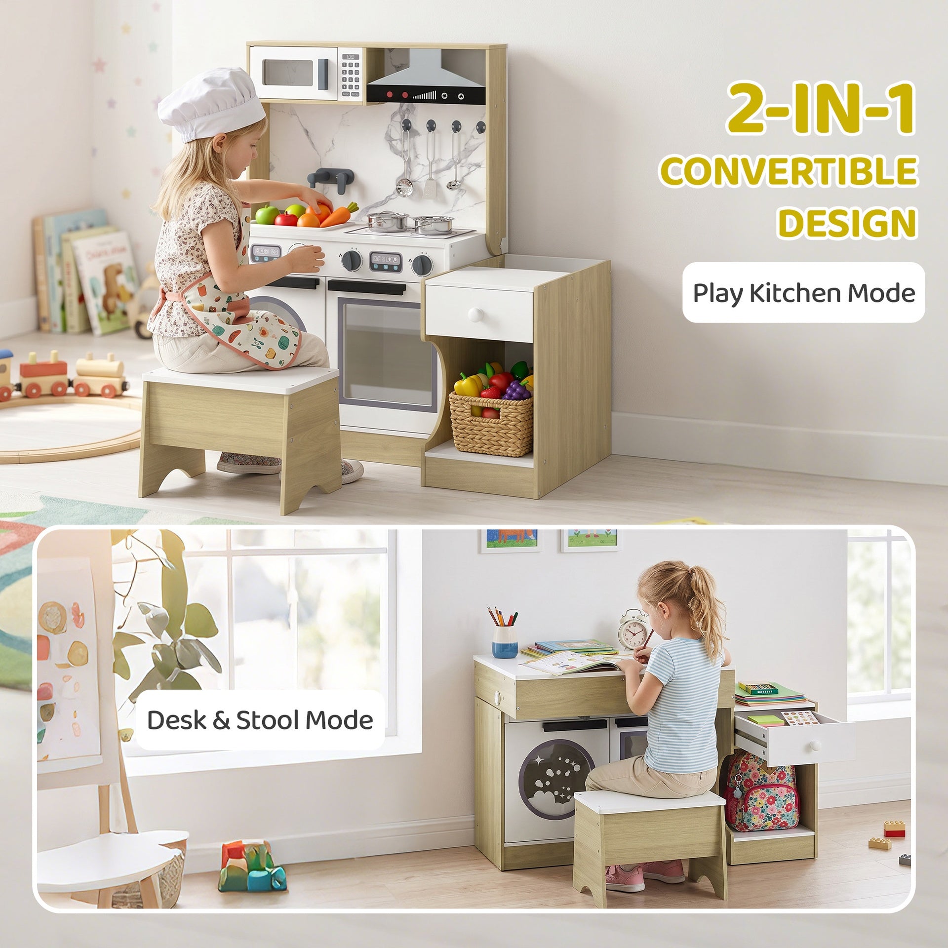 Qaba Play Kitchen Set for Kids, 2-in-1 Convertible Table and Chair Set, Kitchen Playset with Sink, Oven, Accessories for 3-8