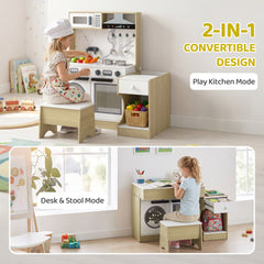 Qaba Play Kitchen Set for Kids, 2-in-1 Convertible Table and Chair Set, Kitchen Playset with Sink, Oven, Accessories for 3-8