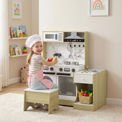 Qaba Play Kitchen Set for Kids, 2-in-1 Convertible Table and Chair Set, Kitchen Playset with Sink, Oven, Accessories for 3-8