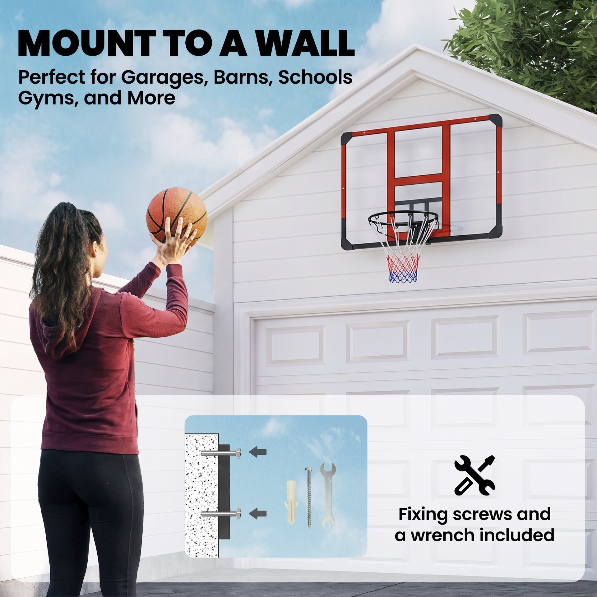 Soozier Wall Mounted Basketball Hoop with Shatter-Resistant Backboard, Solid Rim and All-Weather Net for Indoor and Outdoor Use