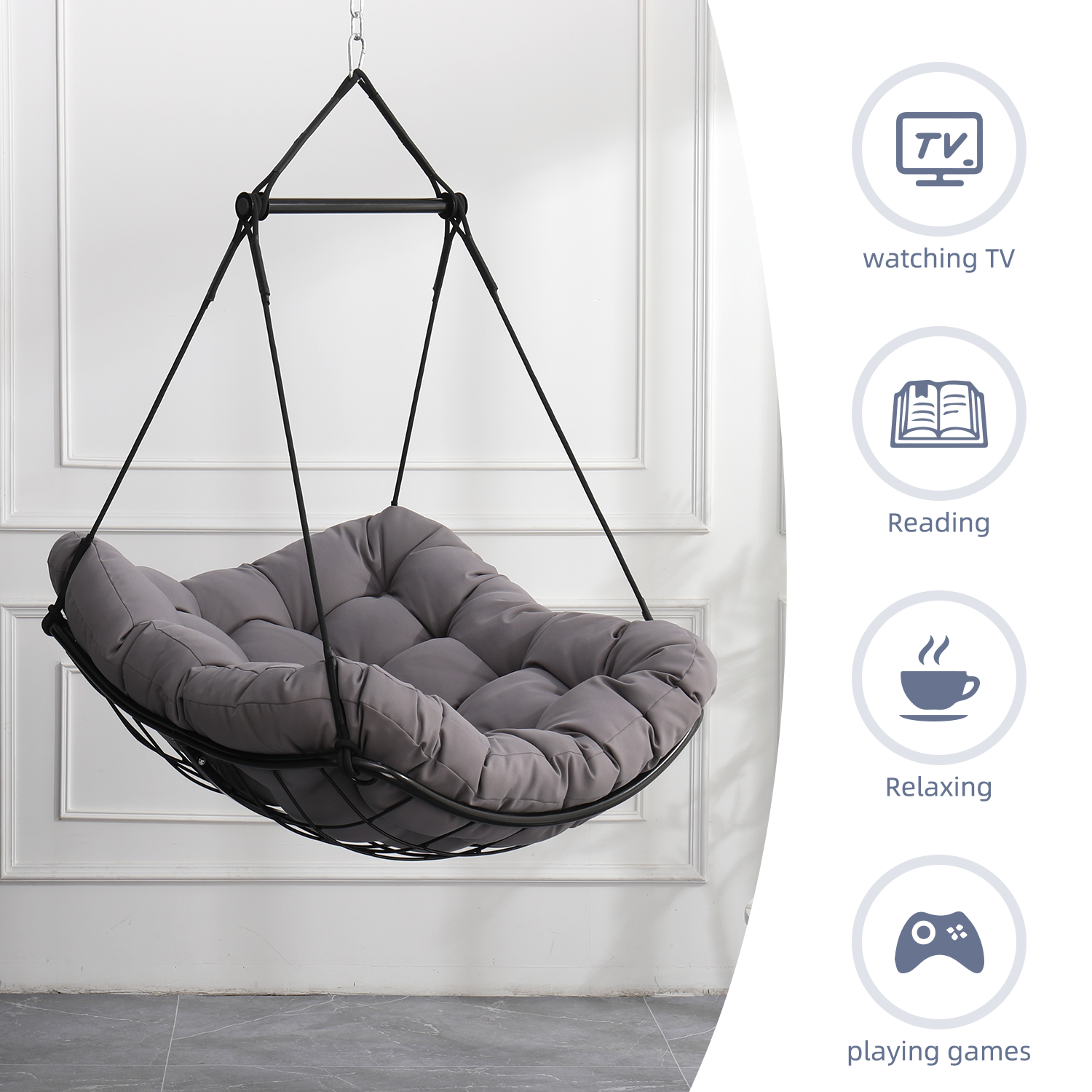 Hammock Chair Swing with Cushion - Outdoor Indoor Hanging Hammock Chair for Patio, Porch, Bedroom, Garden, Courtyard, Balcony - Sturdy Steel Bar with Anti-Slip Safety Rings, Gray