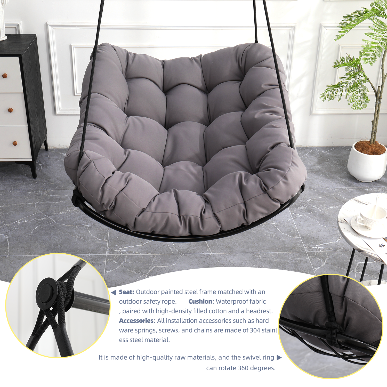 Hammock Chair Swing with Cushion - Outdoor Indoor Hanging Hammock Chair for Patio, Porch, Bedroom, Garden, Courtyard, Balcony - Sturdy Steel Bar with Anti-Slip Safety Rings, Gray