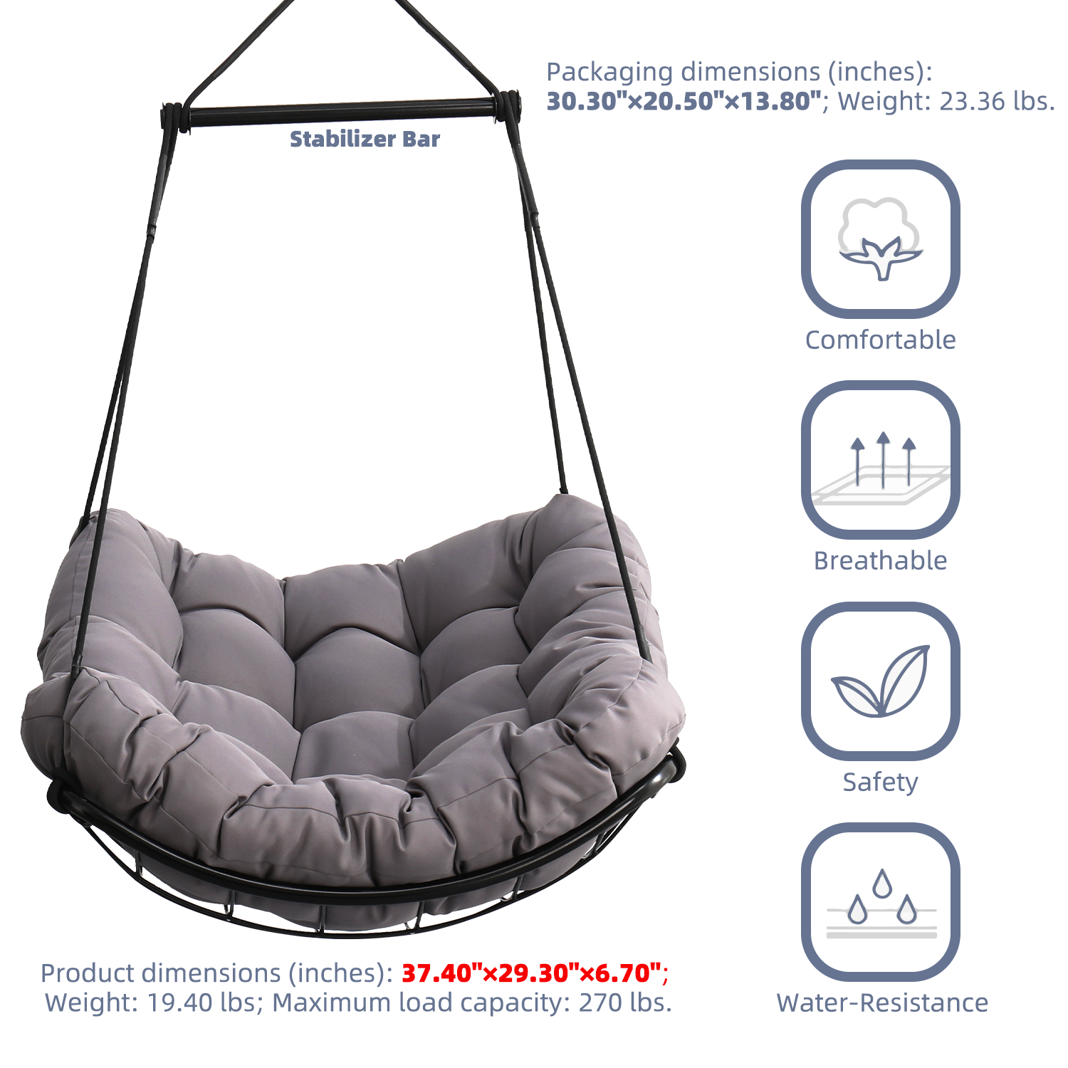 Hammock Chair Swing with Cushion - Outdoor Indoor Hanging Hammock Chair for Patio, Porch, Bedroom, Garden, Courtyard, Balcony - Sturdy Steel Bar with Anti-Slip Safety Rings, Gray