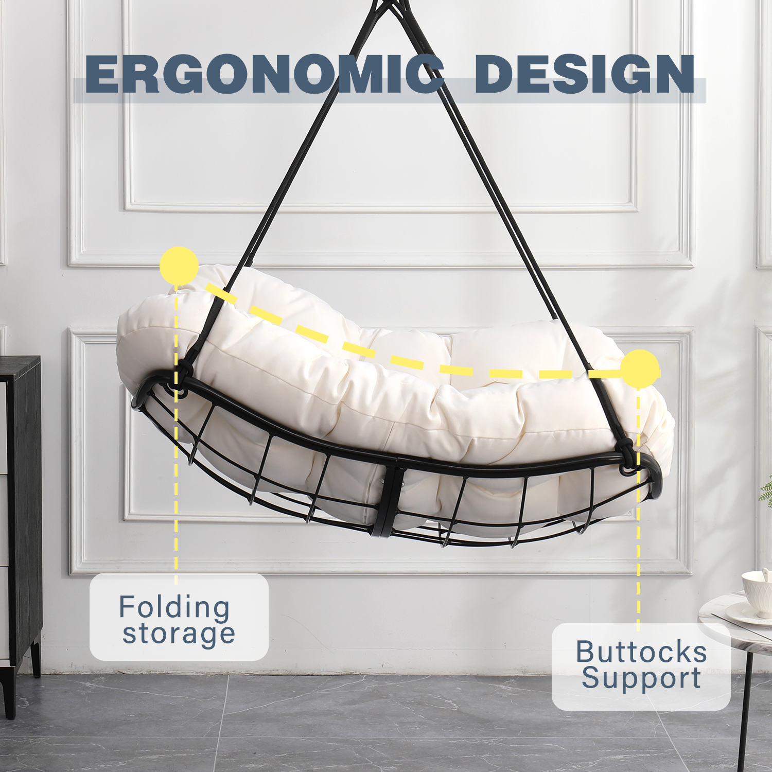 Hammock Chair Swing with Cushion - Outdoor Indoor Hanging Hammock Chair for Patio, Porch, Bedroom, Garden, Courtyard, Balcony - Sturdy Steel Bar with Anti-Slip Safety Rings, white