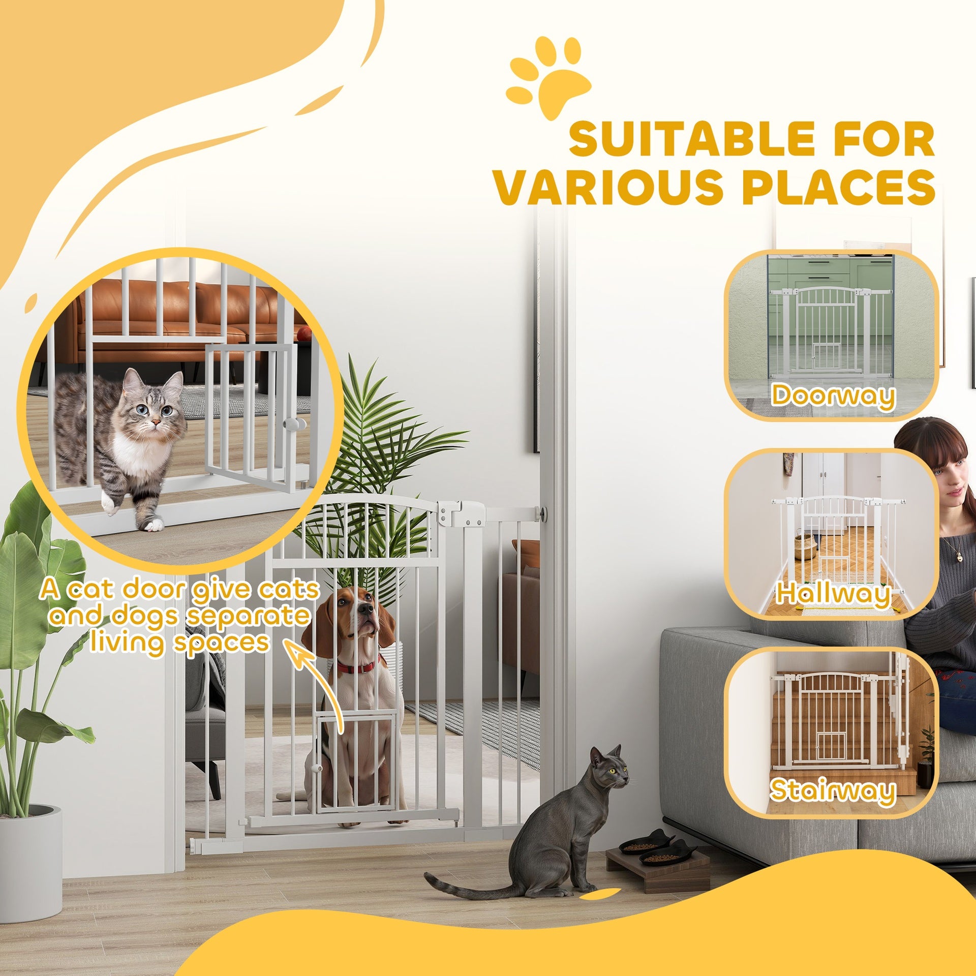PawHut 30"-41" Extra Wide Walk Through Dog Gate w/ Cat Door, 3-Inch & 5.5-Inch Extension Kits, 30" High