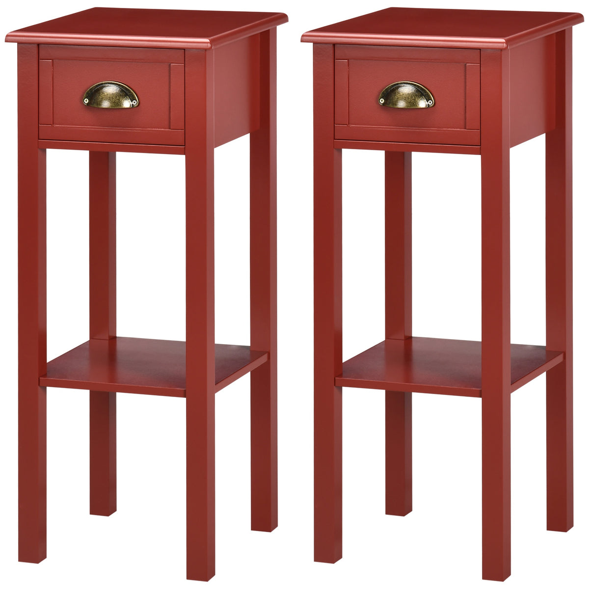 HOMCOM 2-Tier Nightstand, Side Table with Drawer and Shelf for Living Room or Bedroom, Set of 2, Red