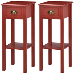 HOMCOM 2-Tier Nightstand, Side Table with Drawer and Shelf for Living Room or Bedroom, Set of 2, Red