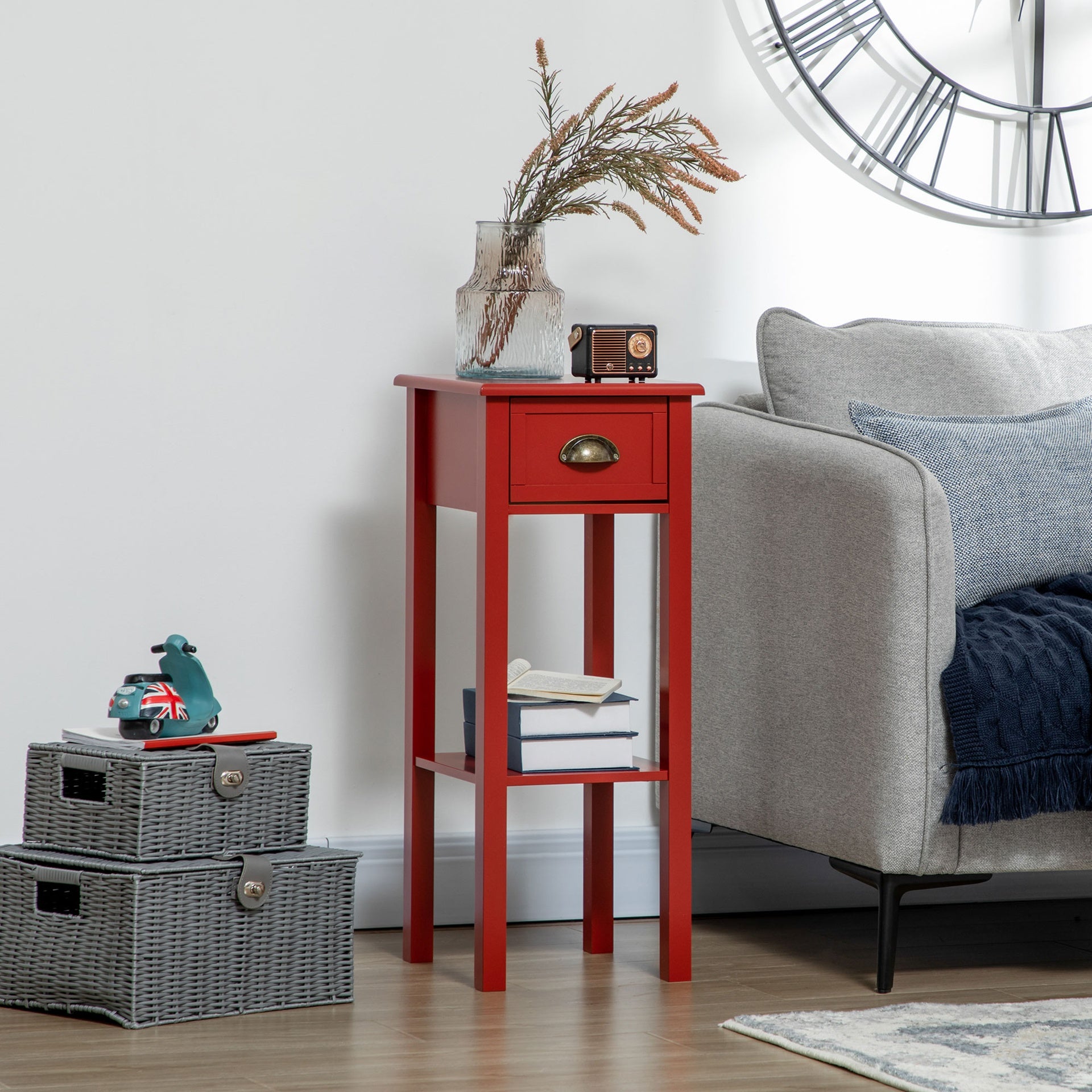 HOMCOM 2-Tier Nightstand, Side Table with Drawer and Shelf for Living Room or Bedroom, Set of 2, Red