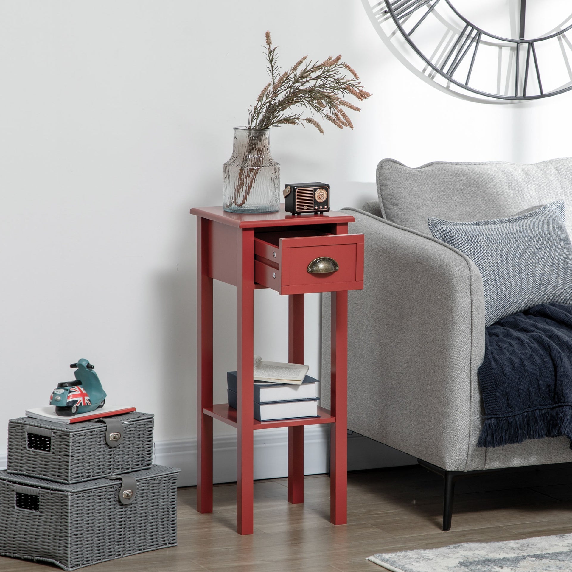 HOMCOM 2-Tier Nightstand, Side Table with Drawer and Shelf for Living Room or Bedroom, Set of 2, Red