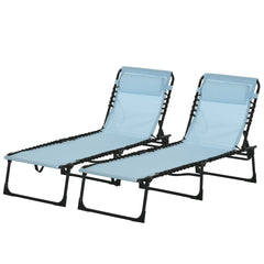 Outsunny Set of 2 Folding Chaise Lounge Chairs, Outdoor Sun Tanning Chairs with Reclining Back, Light Blue