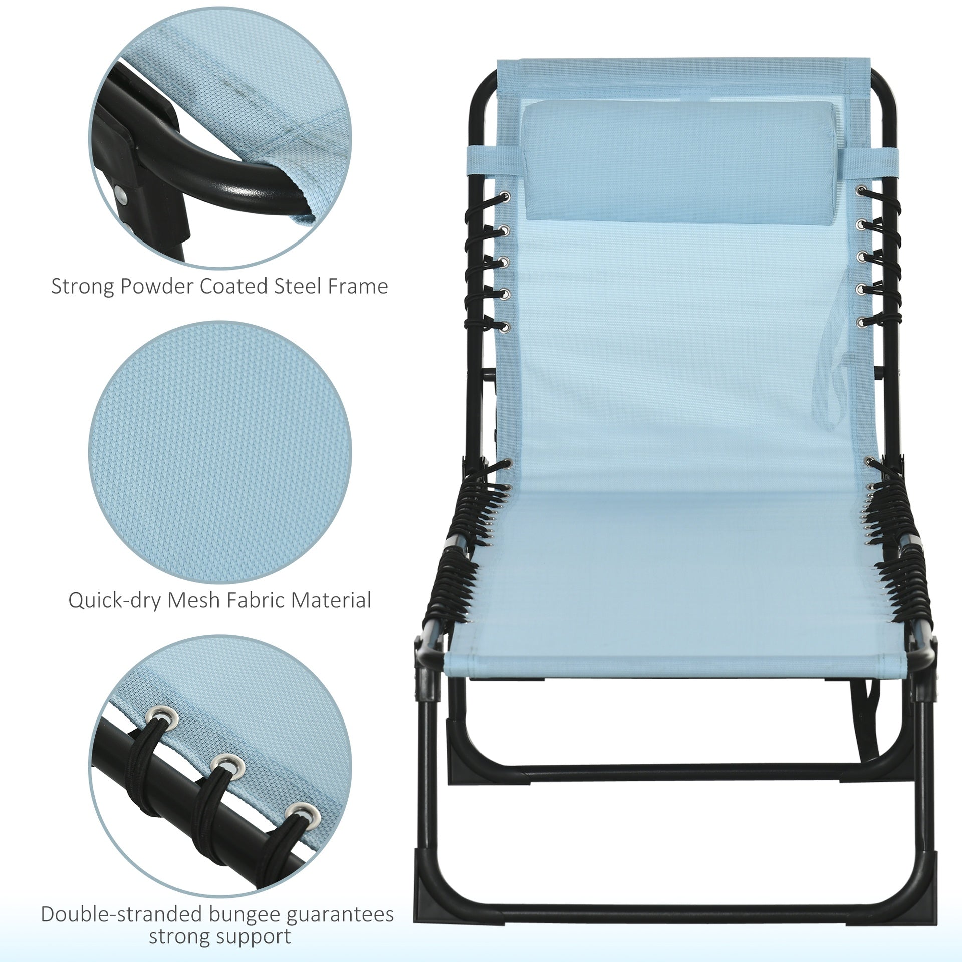 Outsunny Set of 2 Folding Chaise Lounge Chairs, Outdoor Sun Tanning Chairs with Reclining Back, Light Blue