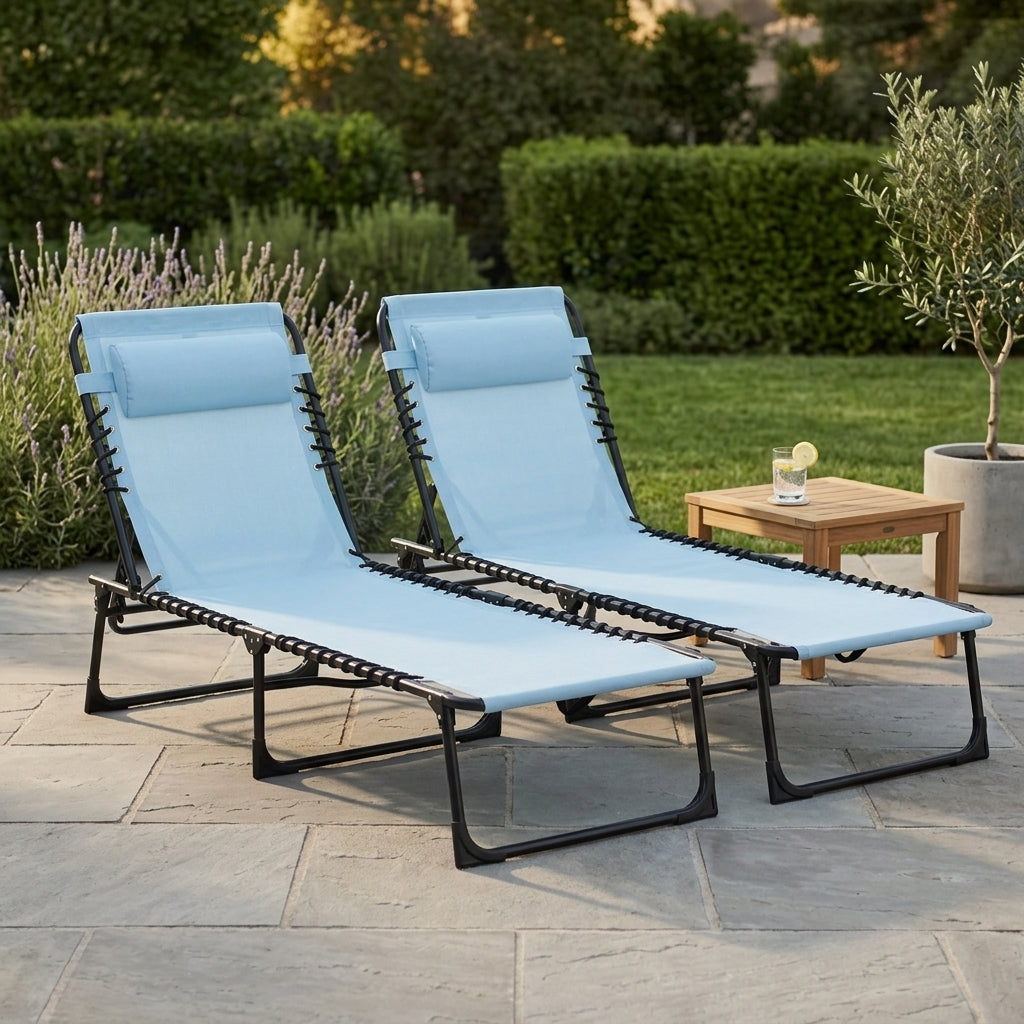 Outsunny Set of 2 Folding Chaise Lounge Chairs, Outdoor Sun Tanning Chairs with Reclining Back, Light Blue
