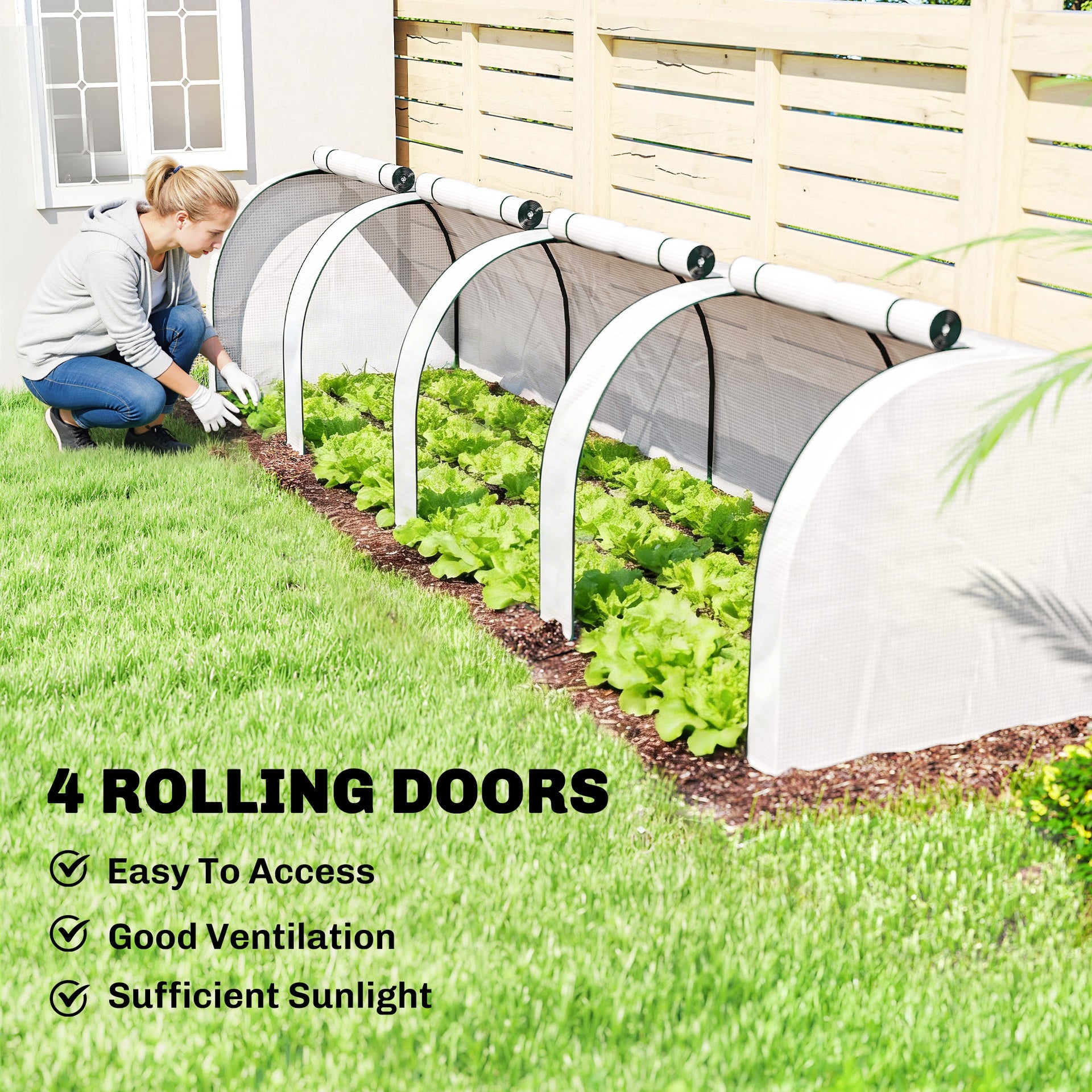 Outsunny 13' L x 3' W x 2.5' H Portable Tunneled Greenhouse with 4 Zippered Doors, Water/UV Fighting PE Cover, White