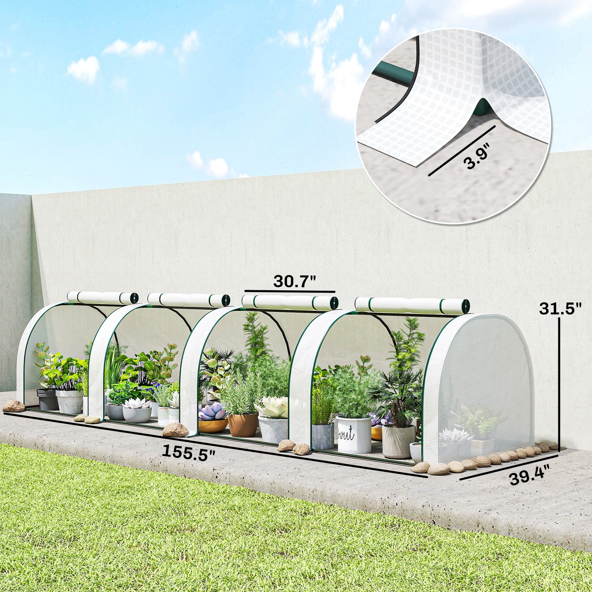 Outsunny 13' L x 3' W x 2.5' H Portable Tunneled Greenhouse with 4 Zippered Doors, Water/UV Fighting PE Cover, White