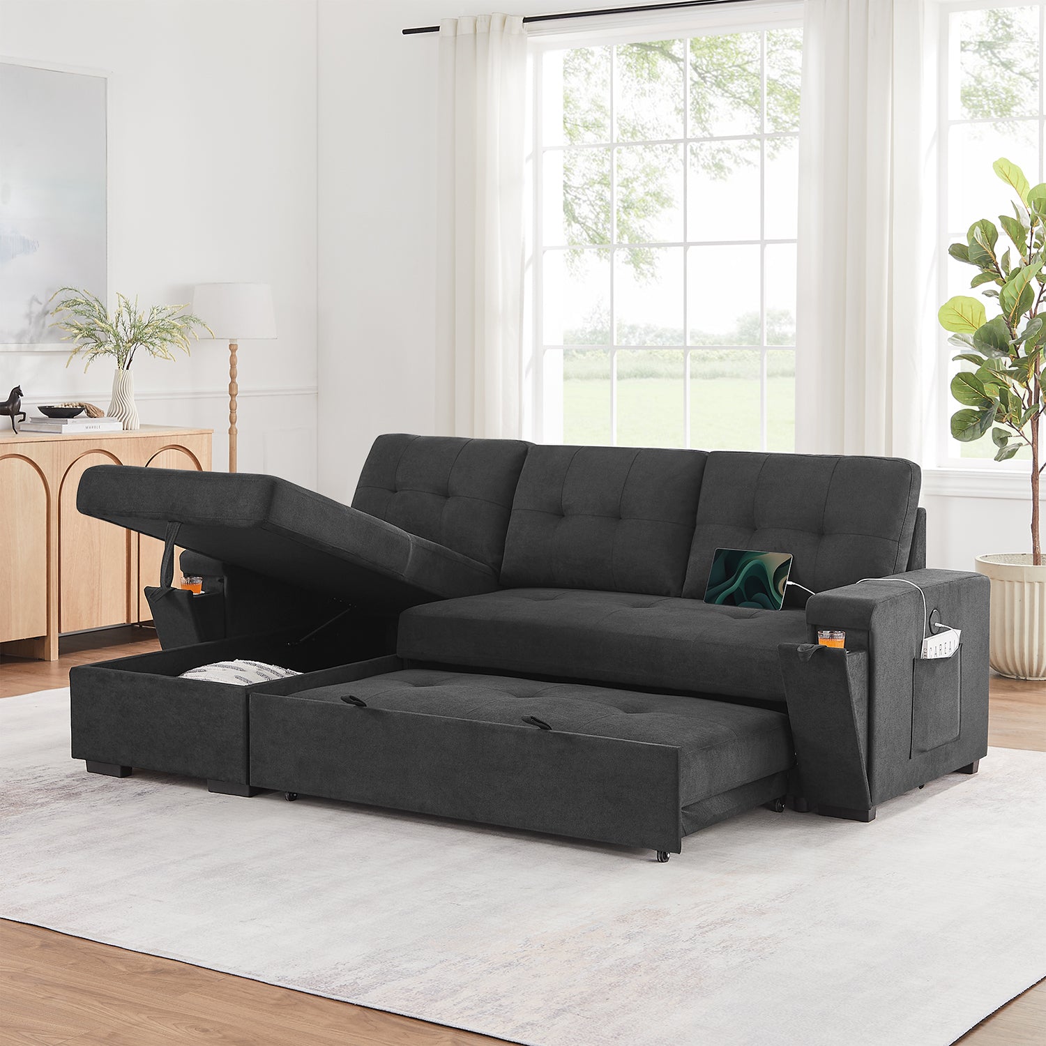 Ollie 95"W Black Woven Fabric Reversible Sleeper Sectional Sofa with Storage Chaise, Pocket Coil Seating, Hidden Cup Holders, USB/USB-C Ports & Side Pockets