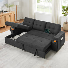 Ollie 95"W Black Woven Fabric Reversible Sleeper Sectional Sofa with Storage Chaise, Pocket Coil Seating, Hidden Cup Holders, USB/USB-C Ports & Side Pockets