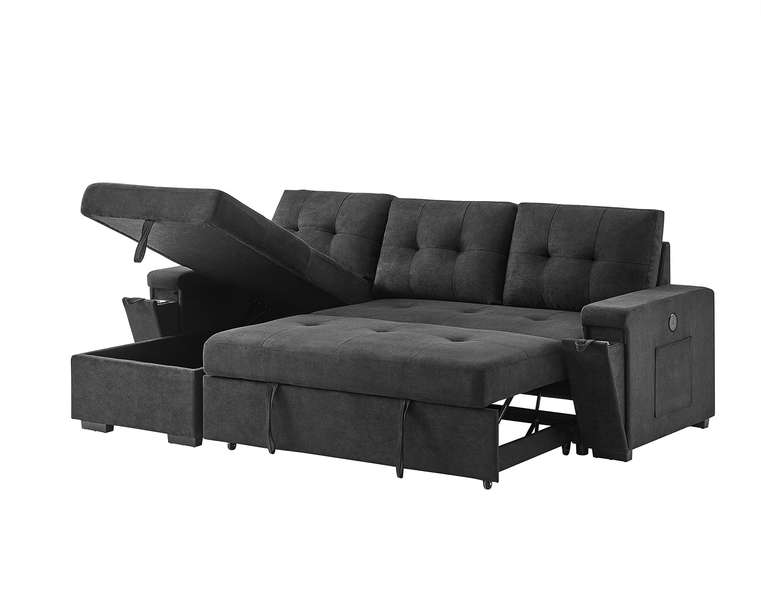 Ollie 95"W Black Woven Fabric Reversible Sleeper Sectional Sofa with Storage Chaise, Pocket Coil Seating, Hidden Cup Holders, USB/USB-C Ports & Side Pockets