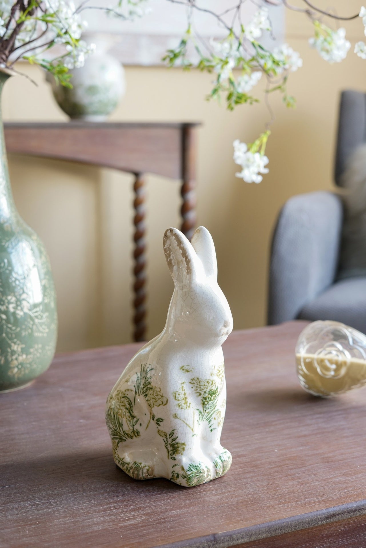 5.1x3.9x8.1" White Ceramic Rabbit With Green Floral Motif