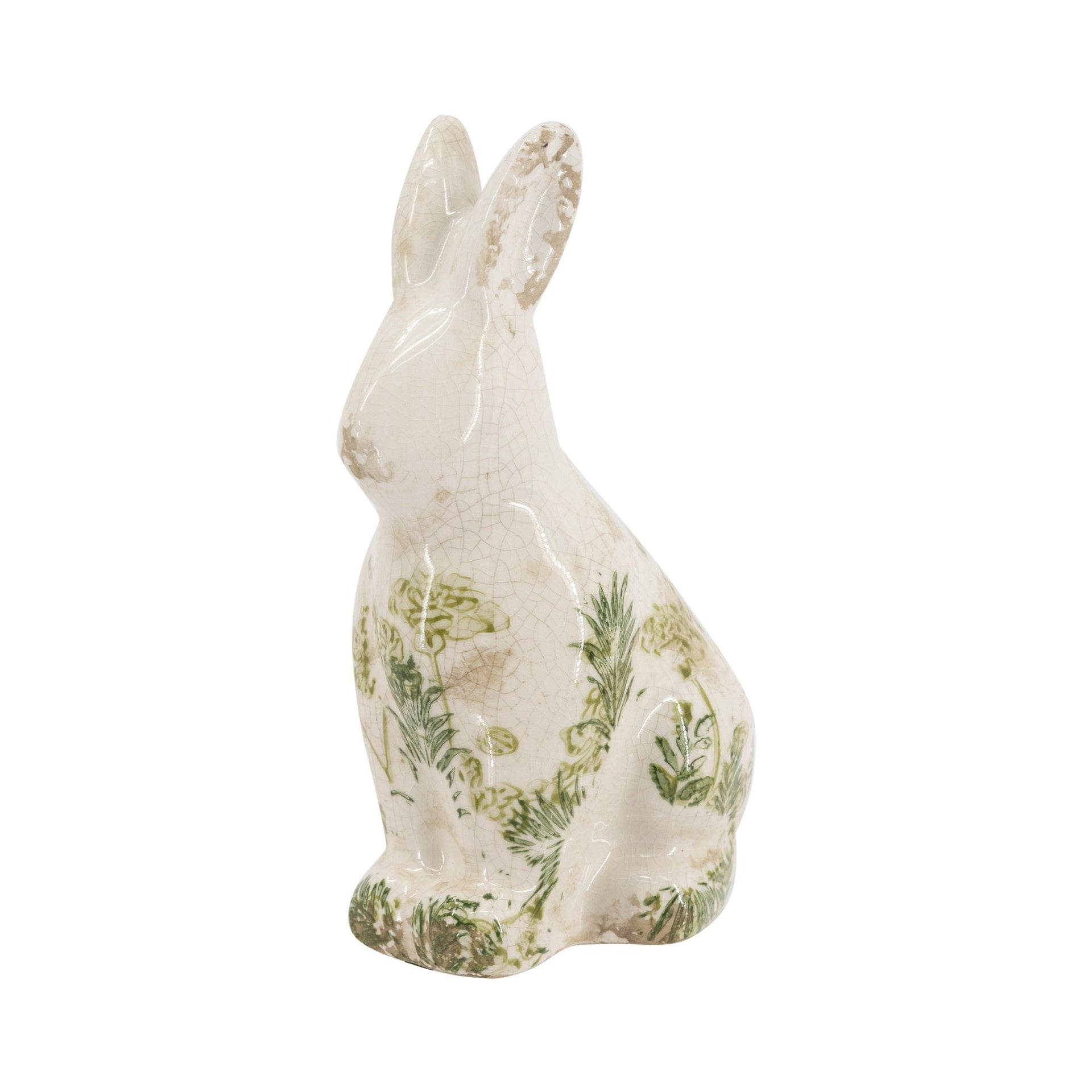 5.1x3.9x8.1" White Ceramic Rabbit With Green Floral Motif