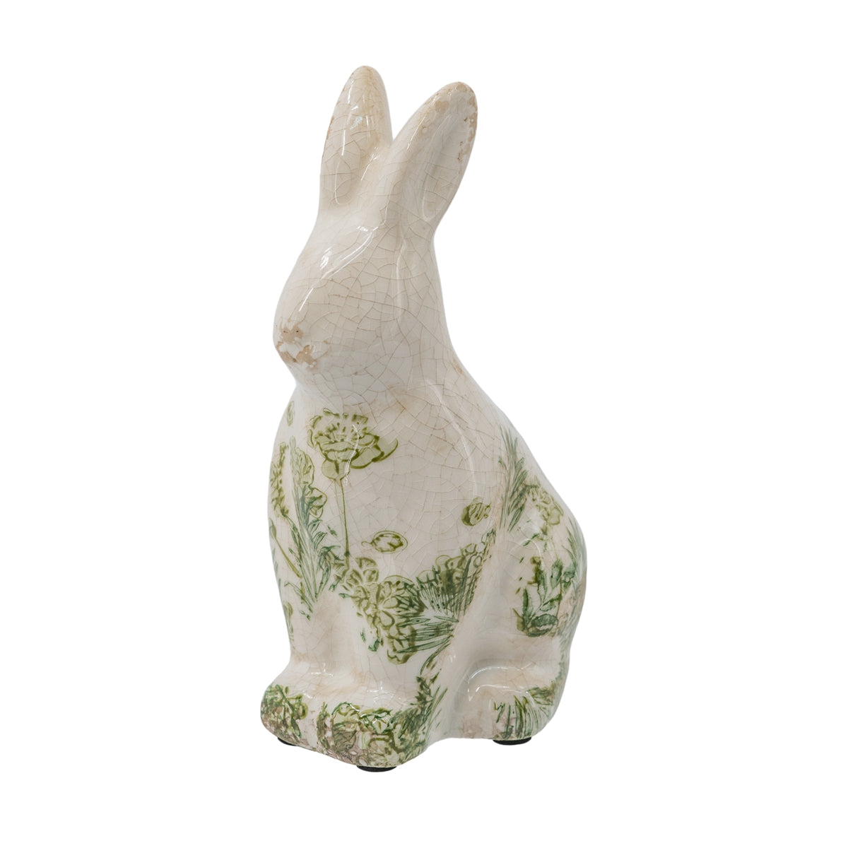 5.1x3.9x8.1" White Ceramic Rabbit With Green Floral Motif