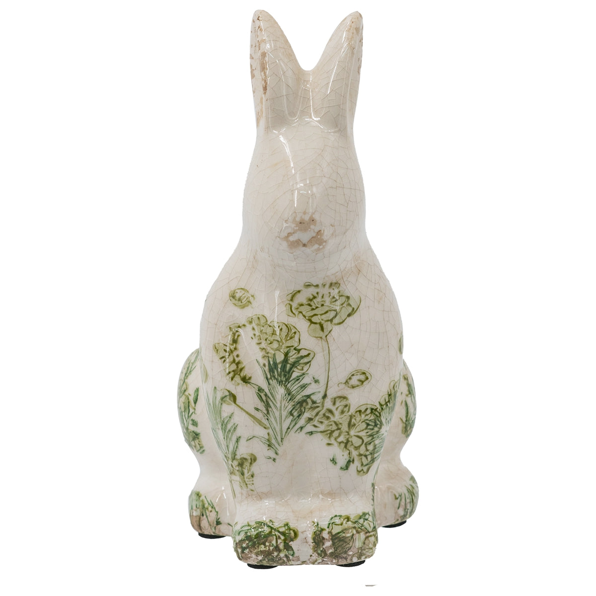 5.1x3.9x8.1" White Ceramic Rabbit With Green Floral Motif