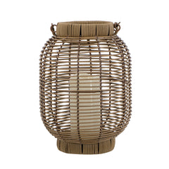 8.7x8.7x11.8" Brown Poly Rattan Lantern with White LED Candle