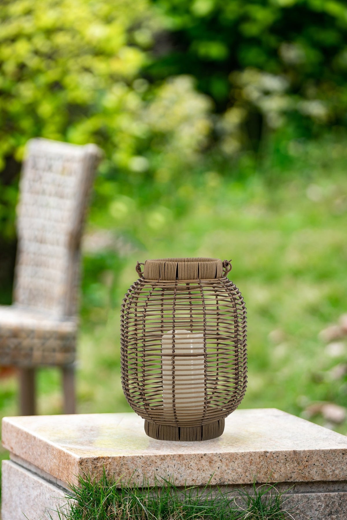 8.7x8.7x11.8" Brown Poly Rattan Lantern with White LED Candle