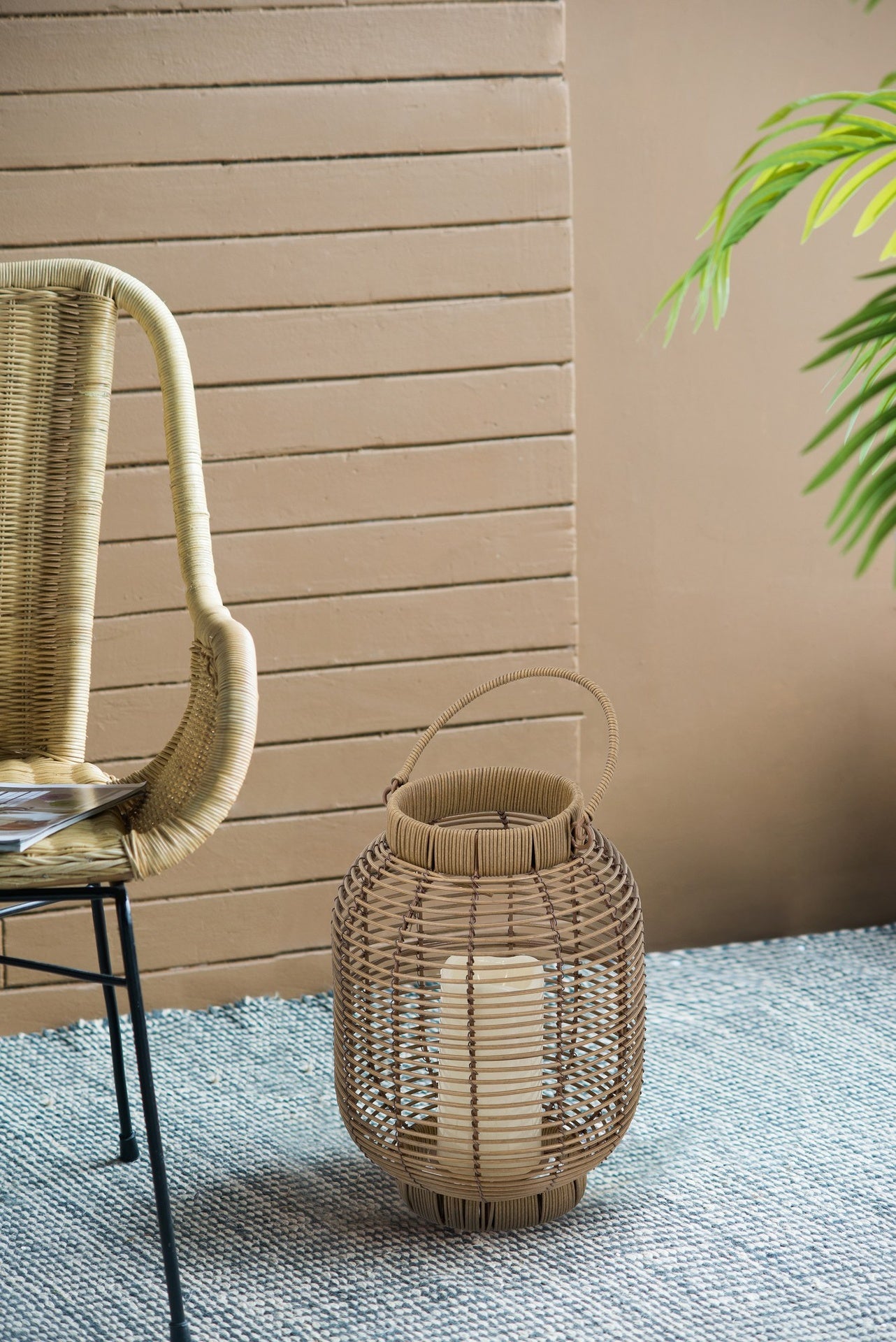 8.7x8.7x11.8" Brown Poly Rattan Lantern with White LED Candle