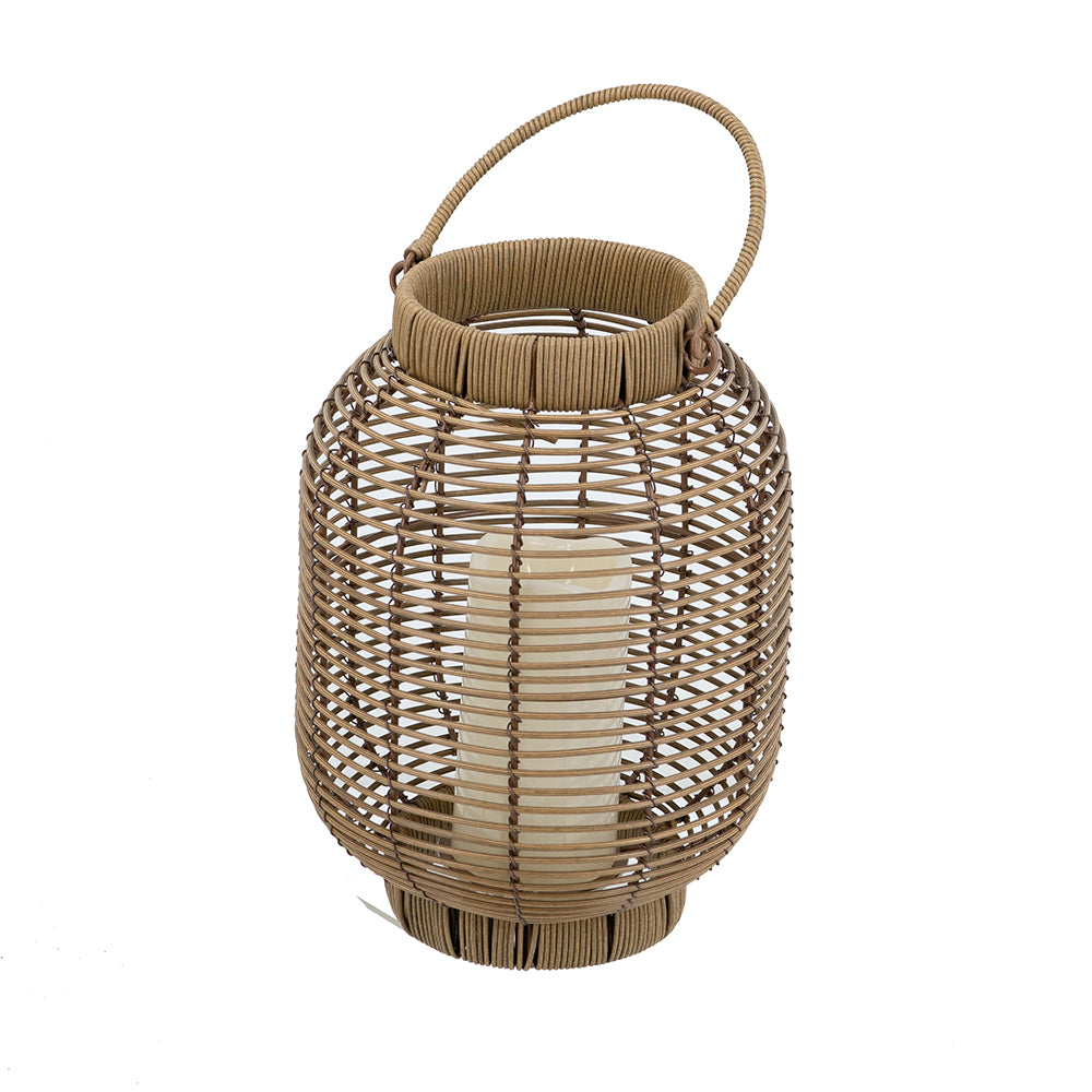 8.7x8.7x11.8" Brown Poly Rattan Lantern with White LED Candle