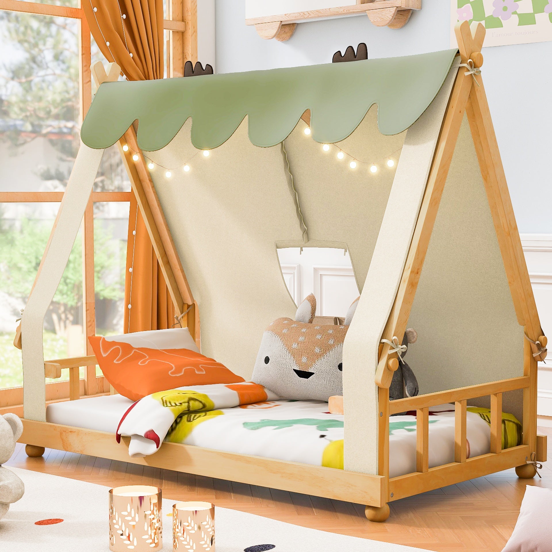Twin Size House Bed with Tent and Light,White