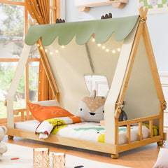 Twin Size House Bed with Tent and Light,White