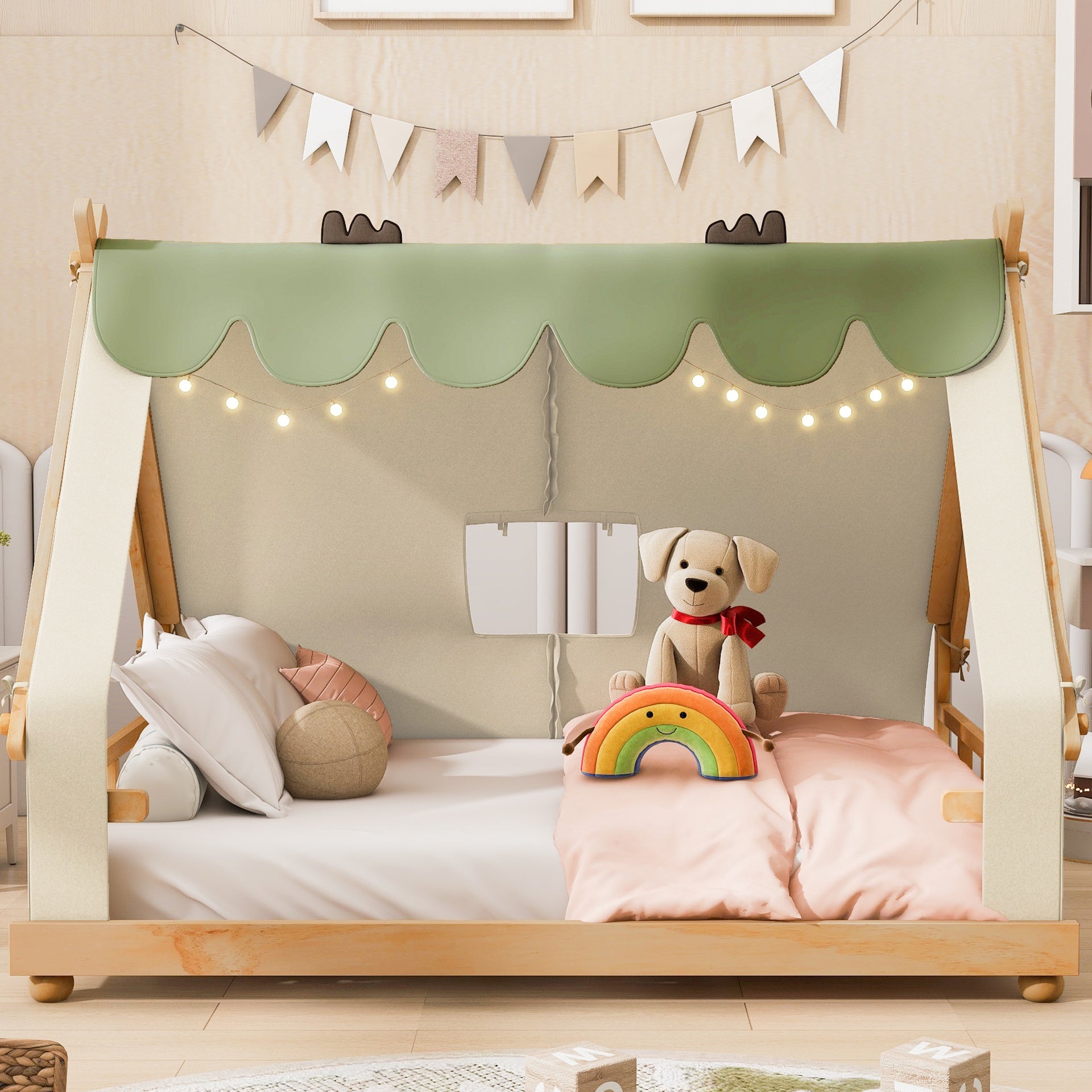 Full Size House Bed with Tent and Light,White