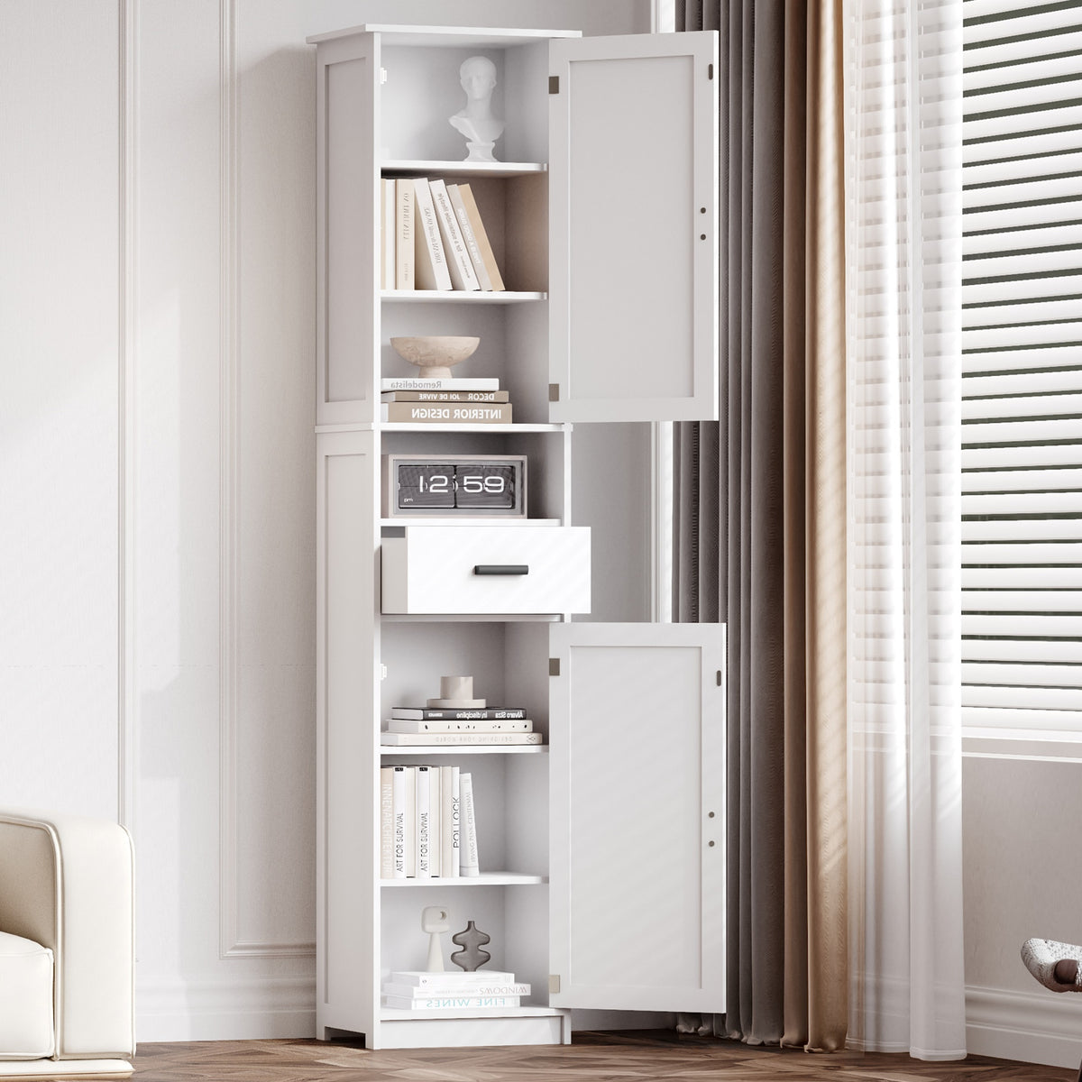 69" H Tall Bathroom Storage Cabinet with 2 Barn Doors and 1 Drawer, Narrow Storage Unit, Adjustable Shelves,Floor Cabinet for Bathroom, Living Room, Entryway,Kitchen,(White)