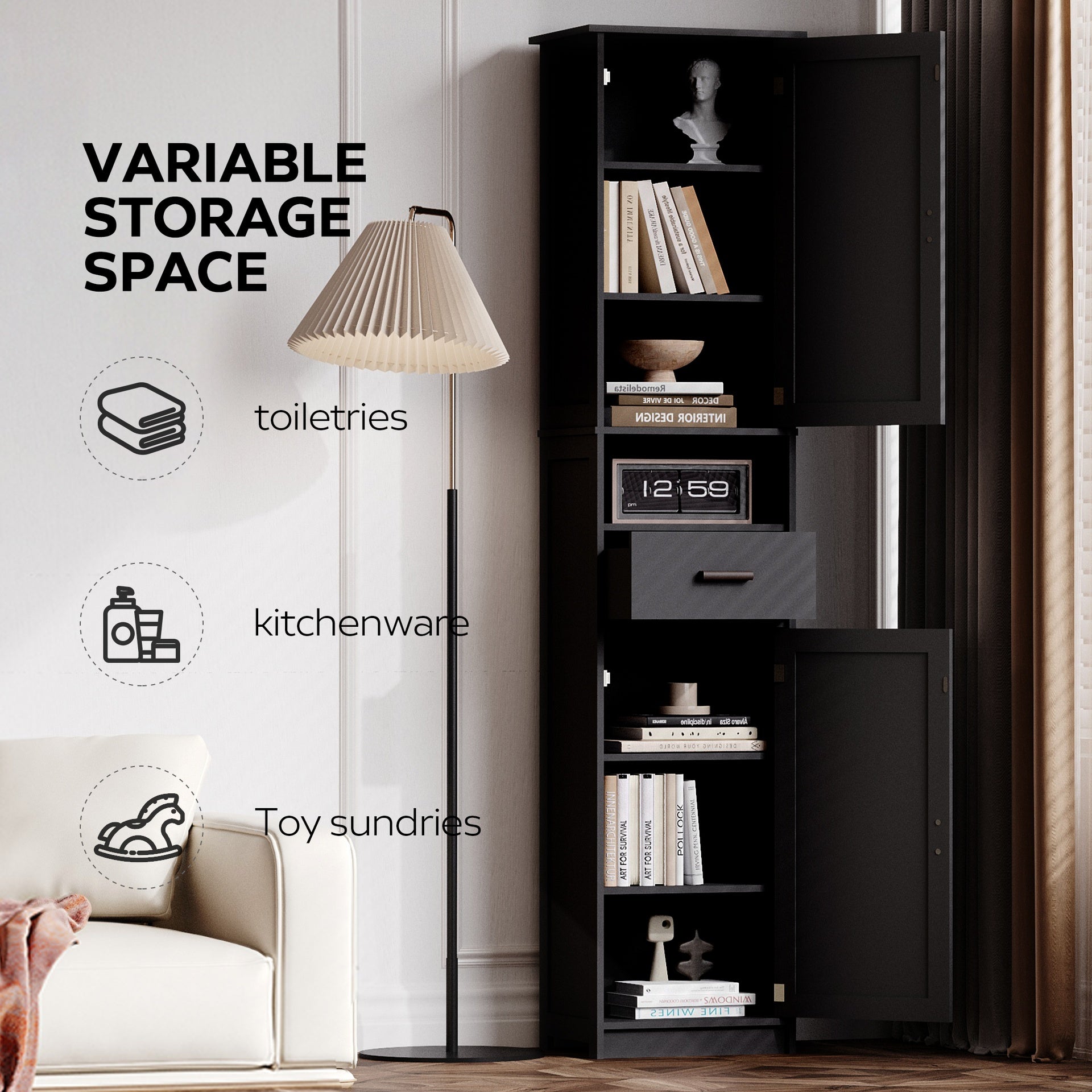 69" H Tall Bathroom Storage Cabinet with 2 Barn Doors and 1 Drawer, Narrow Storage Unit, Adjustable Shelves,Floor Cabinet for Bathroom, Living Room, Entryway,Kitchen,(Black)