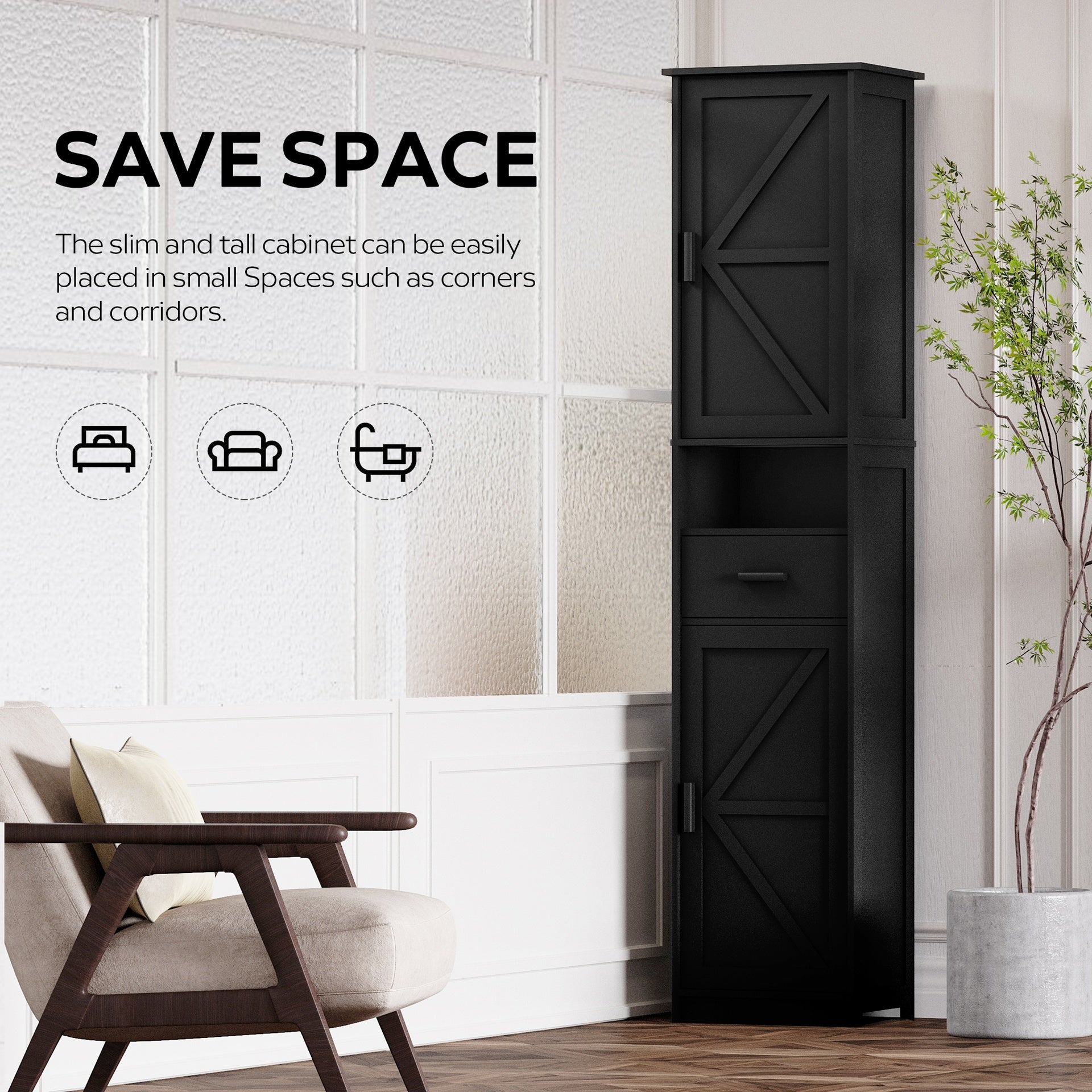 69" H Tall Bathroom Storage Cabinet with 2 Barn Doors and 1 Drawer, Narrow Storage Unit, Adjustable Shelves,Floor Cabinet for Bathroom, Living Room, Entryway,Kitchen,(Black)