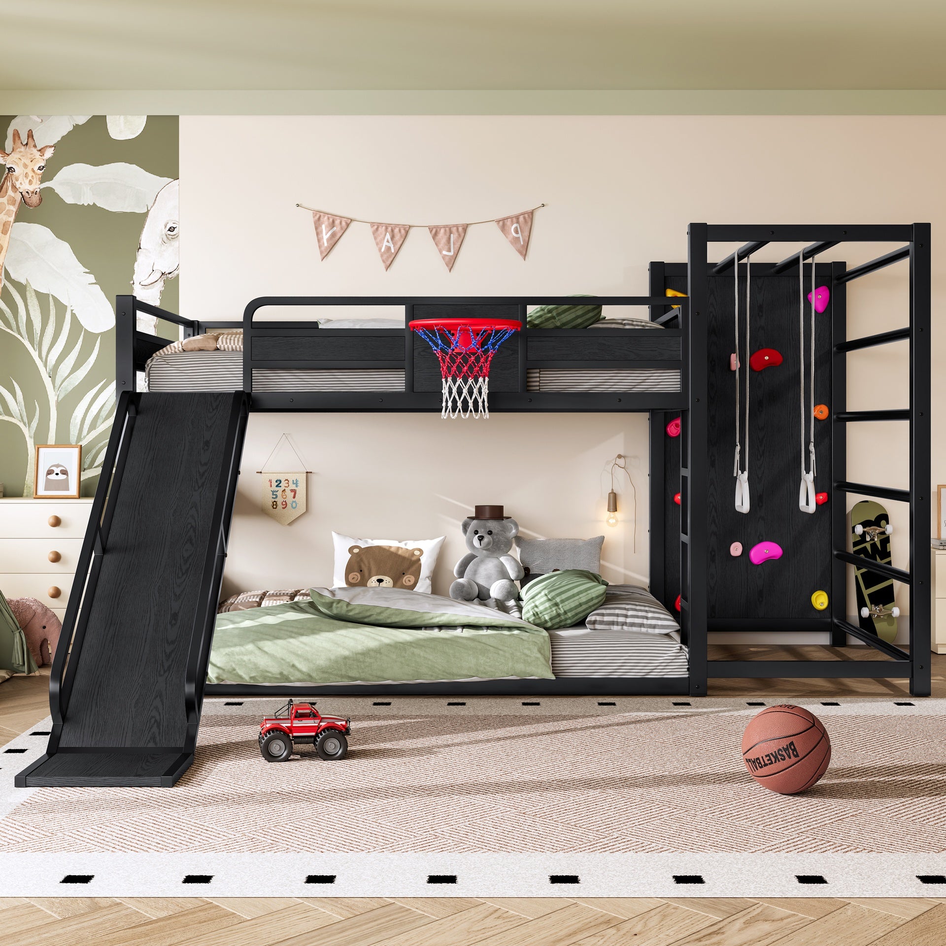 Full size metal loft bed with basketball hoop, pull-up rings, climbing wall, and built-in bookshelves. Playful children's design featuring a slide,Black