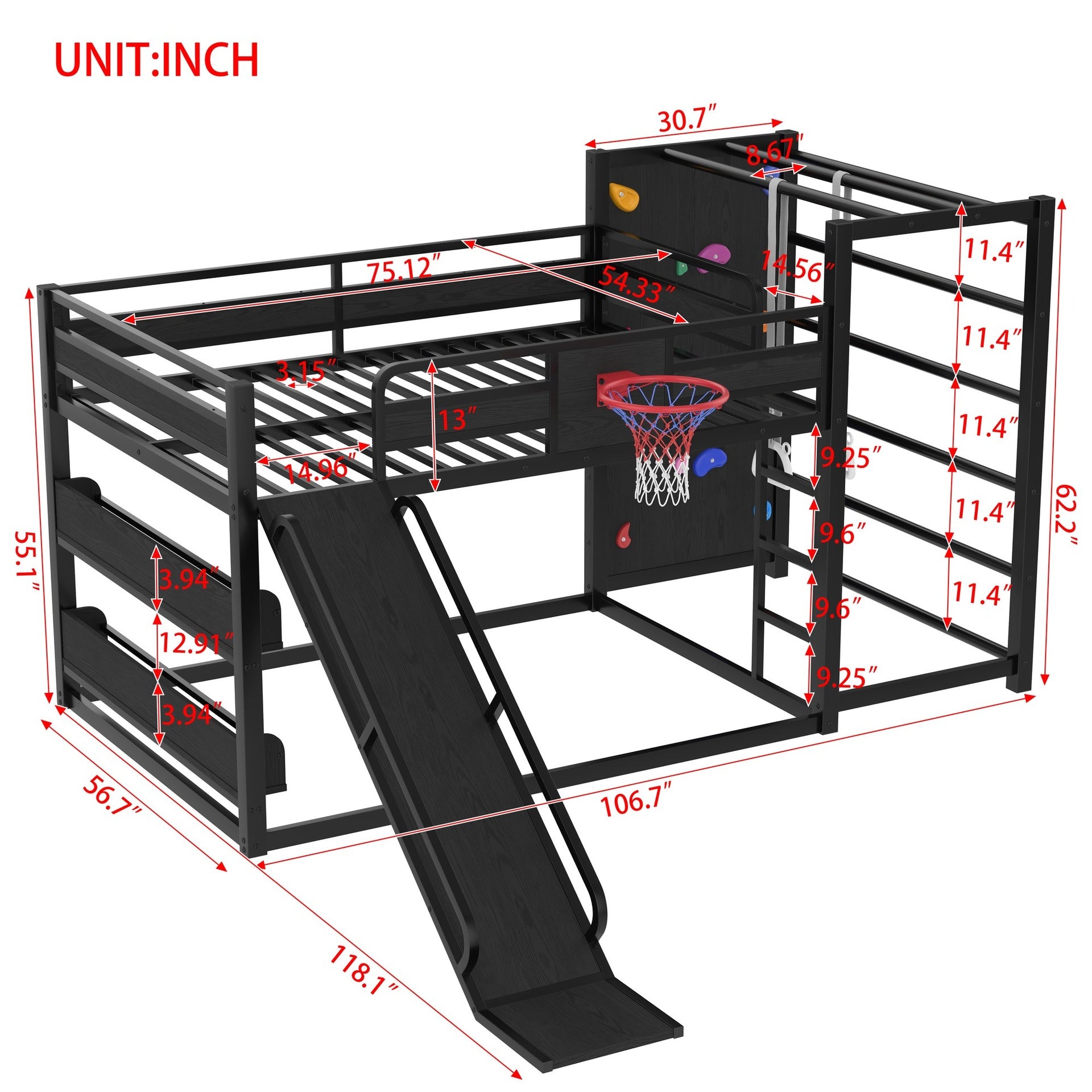 Full size metal loft bed with basketball hoop, pull-up rings, climbing wall, and built-in bookshelves. Playful children's design featuring a slide,Black