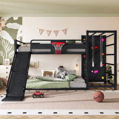 Full size metal loft bed with basketball hoop, pull-up rings, climbing wall, and built-in bookshelves. Playful children's design featuring a slide,Black