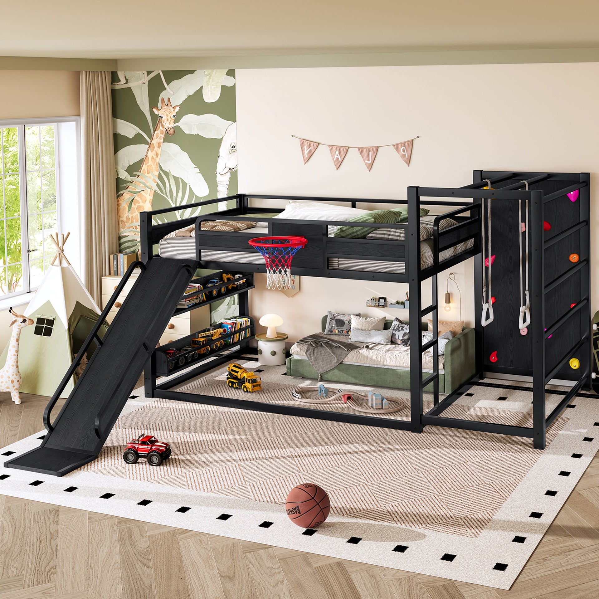 Full size metal loft bed with basketball hoop, pull-up rings, climbing wall, and built-in bookshelves. Playful children's design featuring a slide,Black