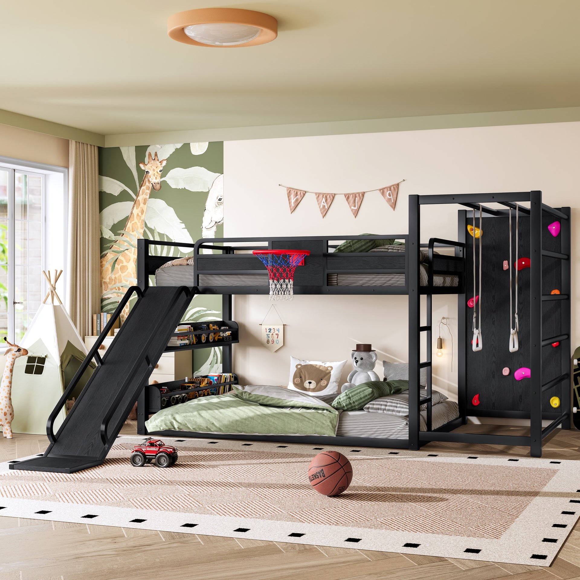 Full size metal loft bed with basketball hoop, pull-up rings, climbing wall, and built-in bookshelves. Playful children's design featuring a slide,Black