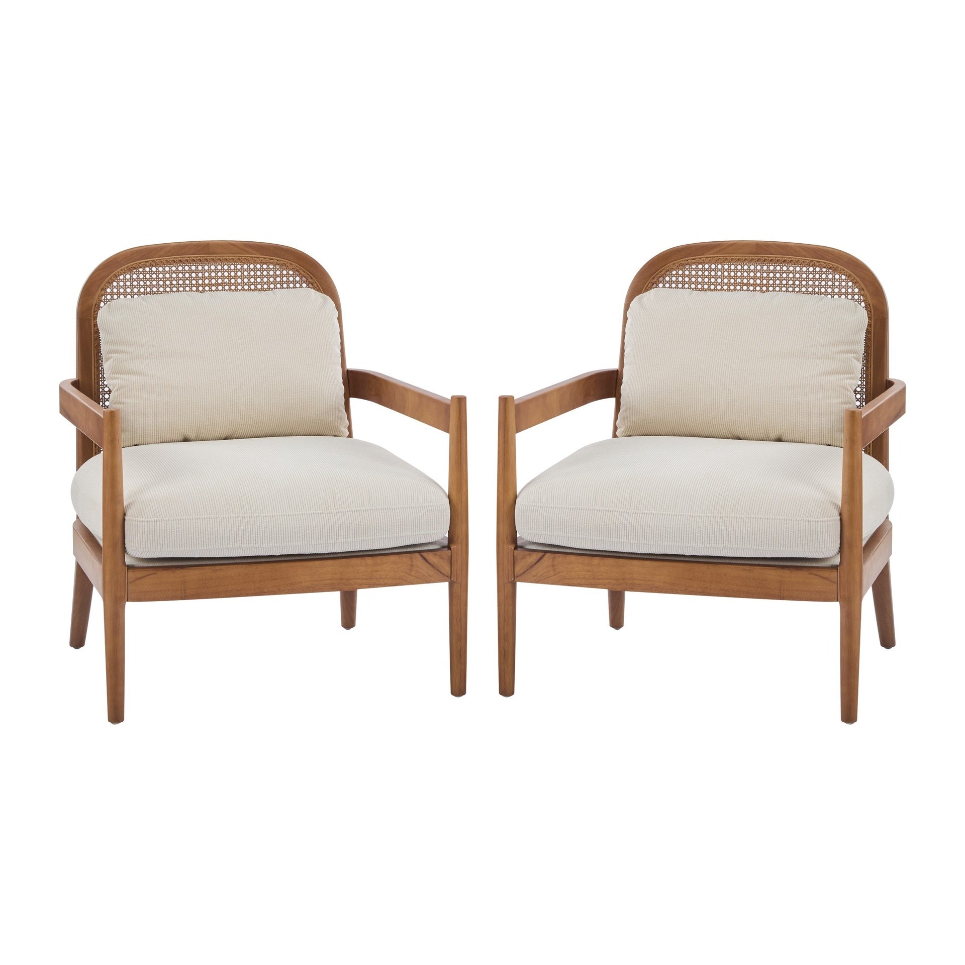 [Set of 2]  26.6" Mid-Century Modern Accent Chair with Walnut Finish Solid Wood Frame and Rattan Backrest, Beige Cushion with Striped Fabric,  Comfy Armchairs for Living Room, Bedroom, Reading Nook